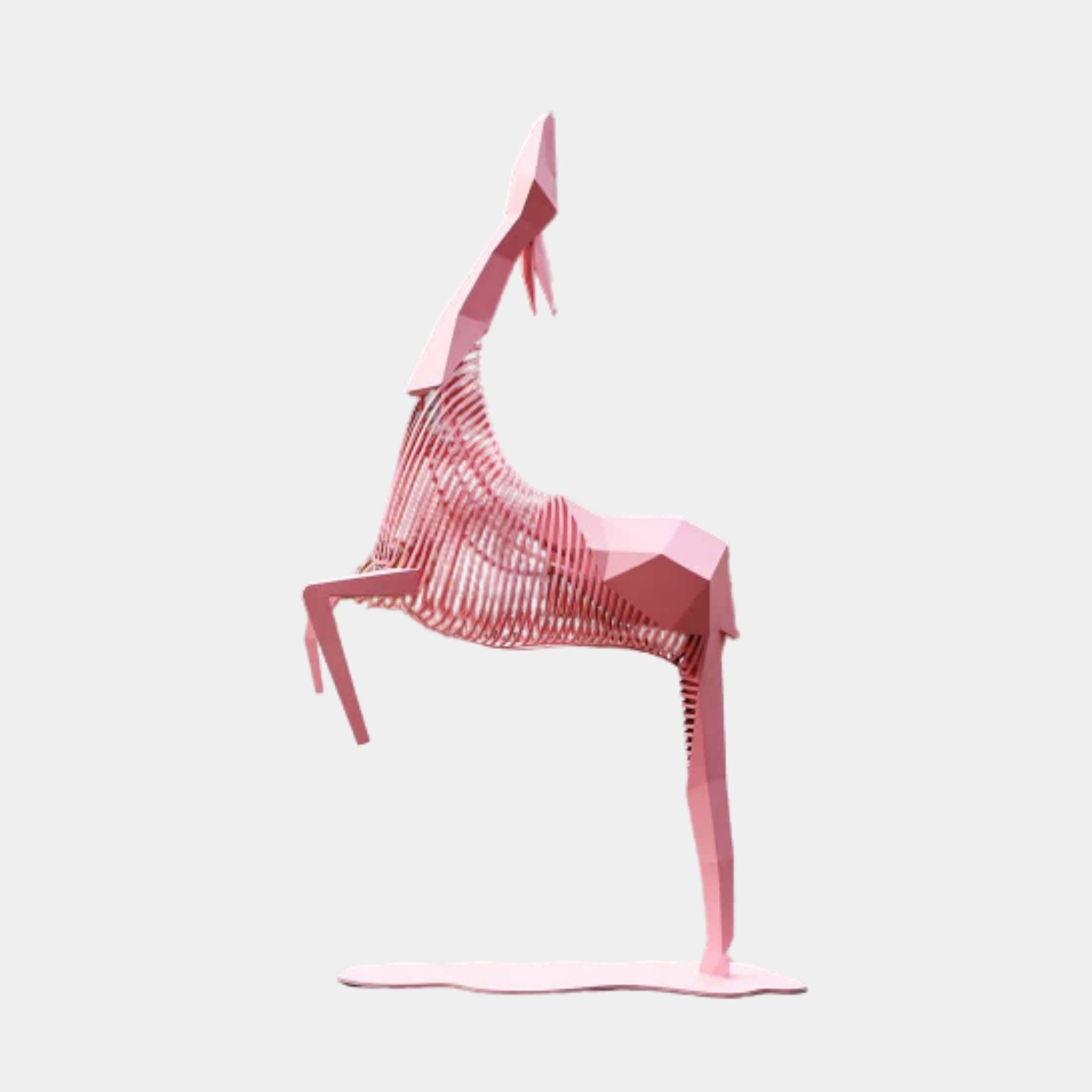 Pink Geometric Leaping Deer Metal Sculpture 181cm by Giant Sculptures, shown in side profile mid-leap with wire ribcage and faceted panels on a plain background.