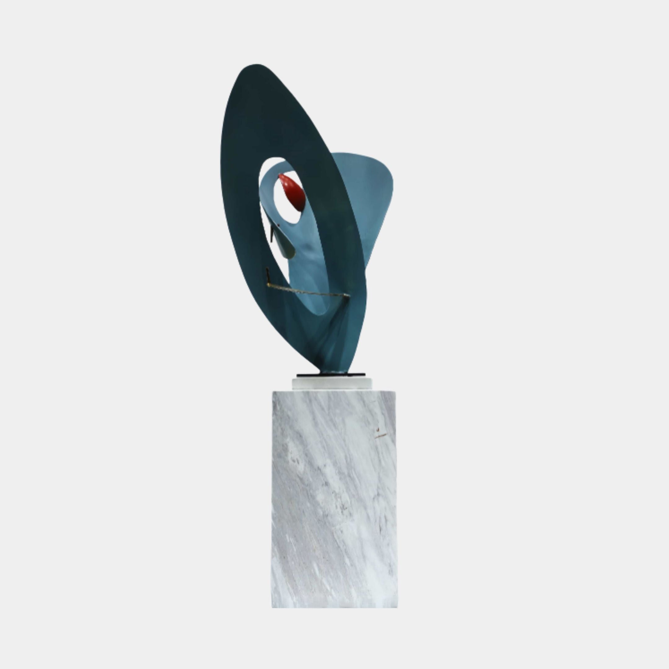 Teal Abstract Orbital Metal Sculpture on Marble Plinth by Giant Sculptures, featuring curved overlapping planes with a red accent in the central void.