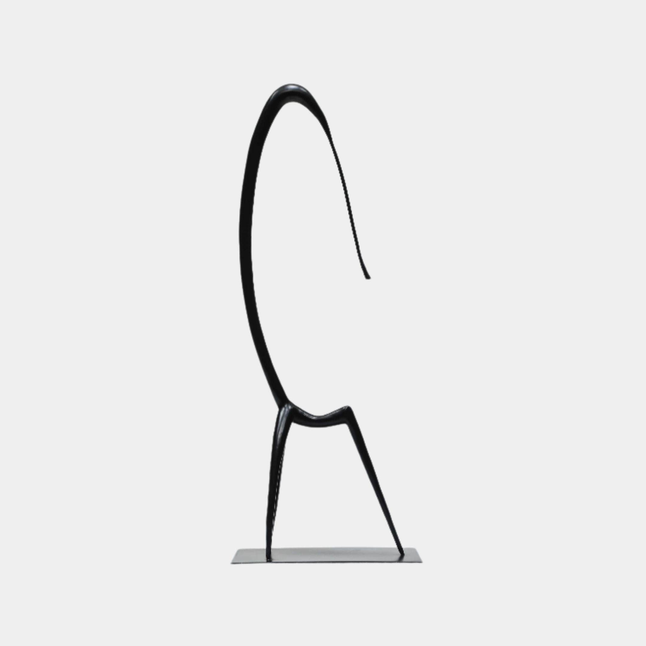 Black Minimalist Curved Avian Metal Sculpture by Giant Sculptures, 64cm tall abstract bird formed from a single matte black rod on a flat rectangular base.