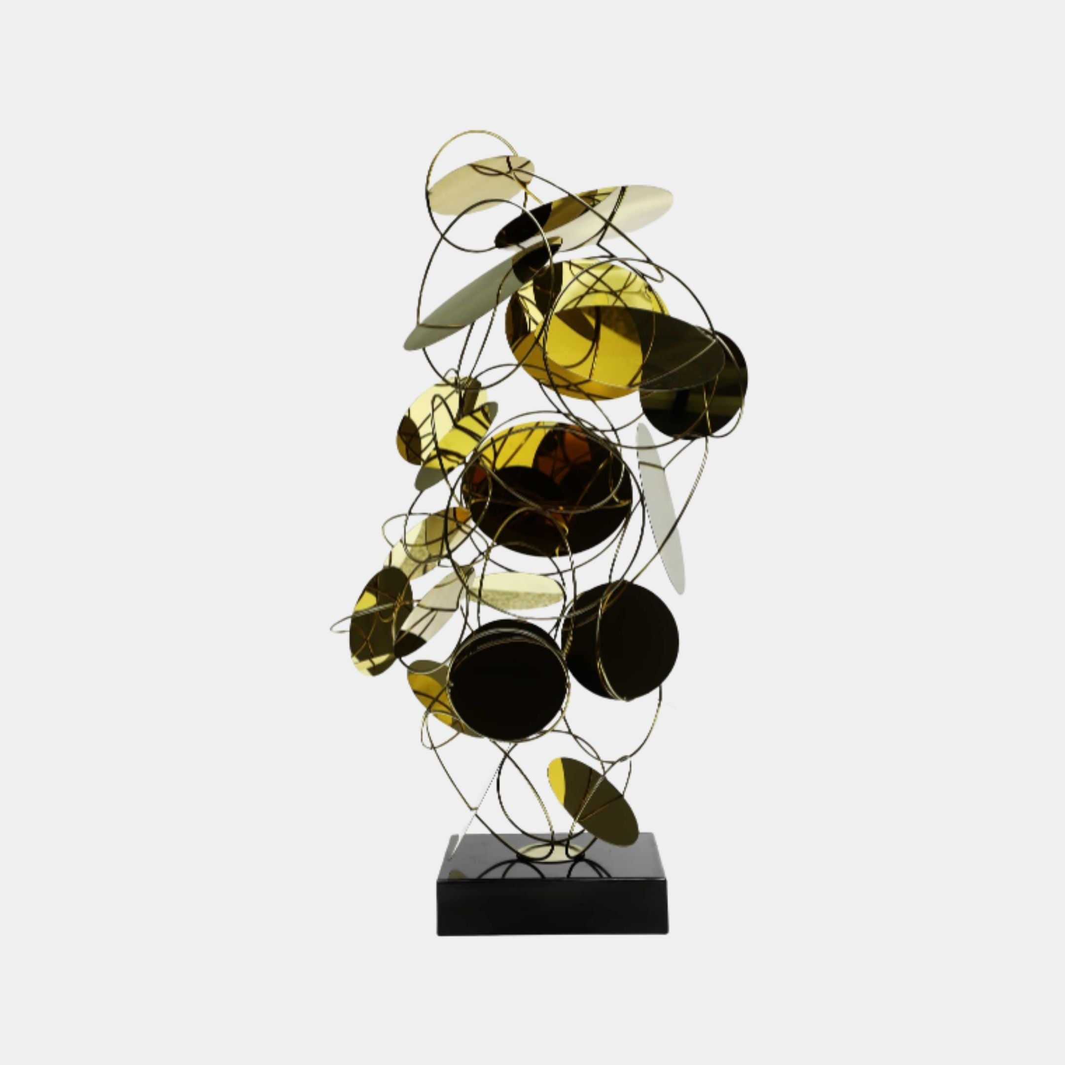 Giant Sculptures' 84cm Gold & Black Disc Cluster metal sculpture featuring polished gold and darkened bronze discs interwoven with wire rings on a black base.