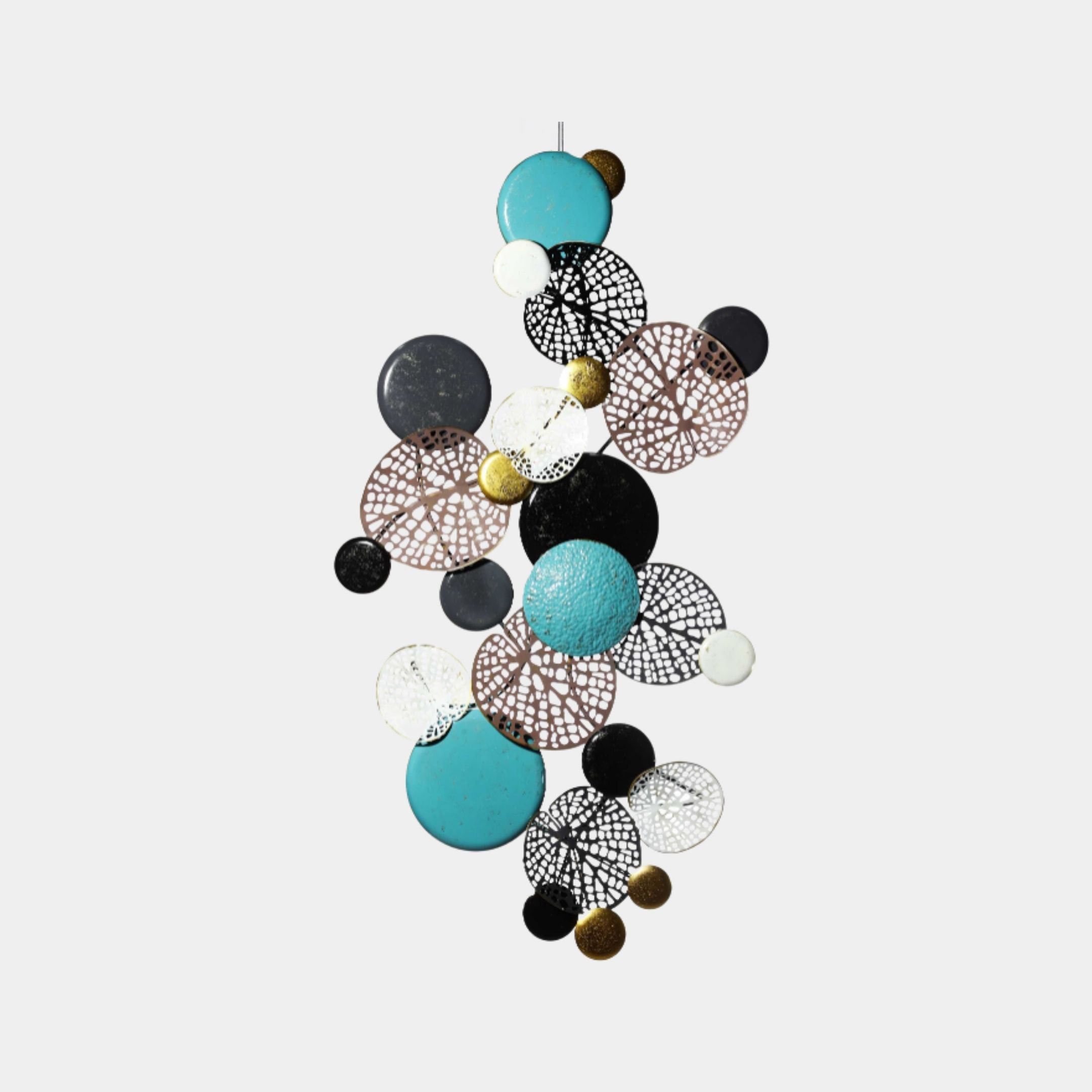 Giant Sculptures Multi-Colour Disc & Filigree Wrought Iron Wall Art 141cm, vertical cluster of turquoise, black, white, rose gold and brass discs on plain background.