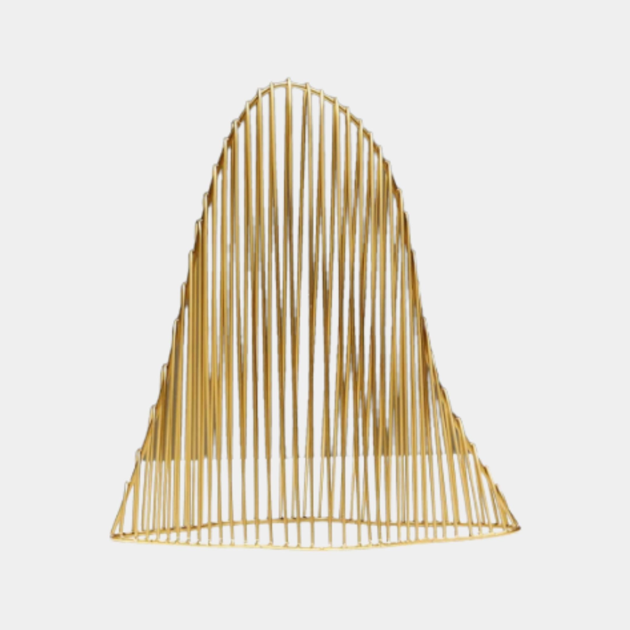 Giant Sculptures Gold Rod Arch Mountain Form Metal Sculpture, 38cm, with vertical gold rods forming a bell-shaped base rising to a rounded arch peak, on a plain background.