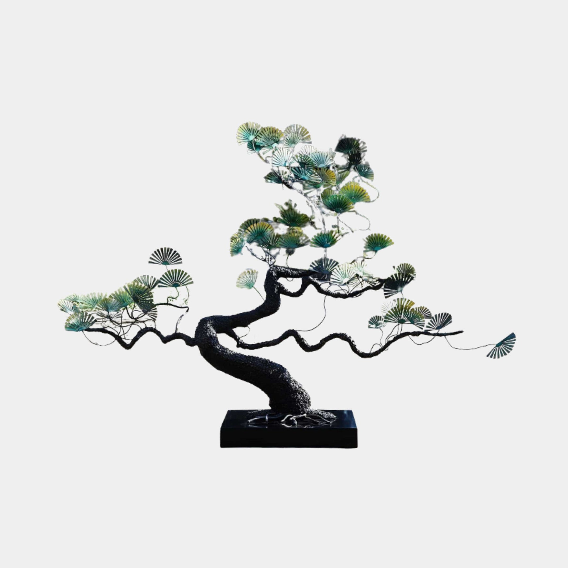 Giant Sculptures Fan-Leaf Large Pine Bonsai Tree metal sculpture, 244cm, with a twisted black wrought iron trunk and green-gold fan leaves on a black base.