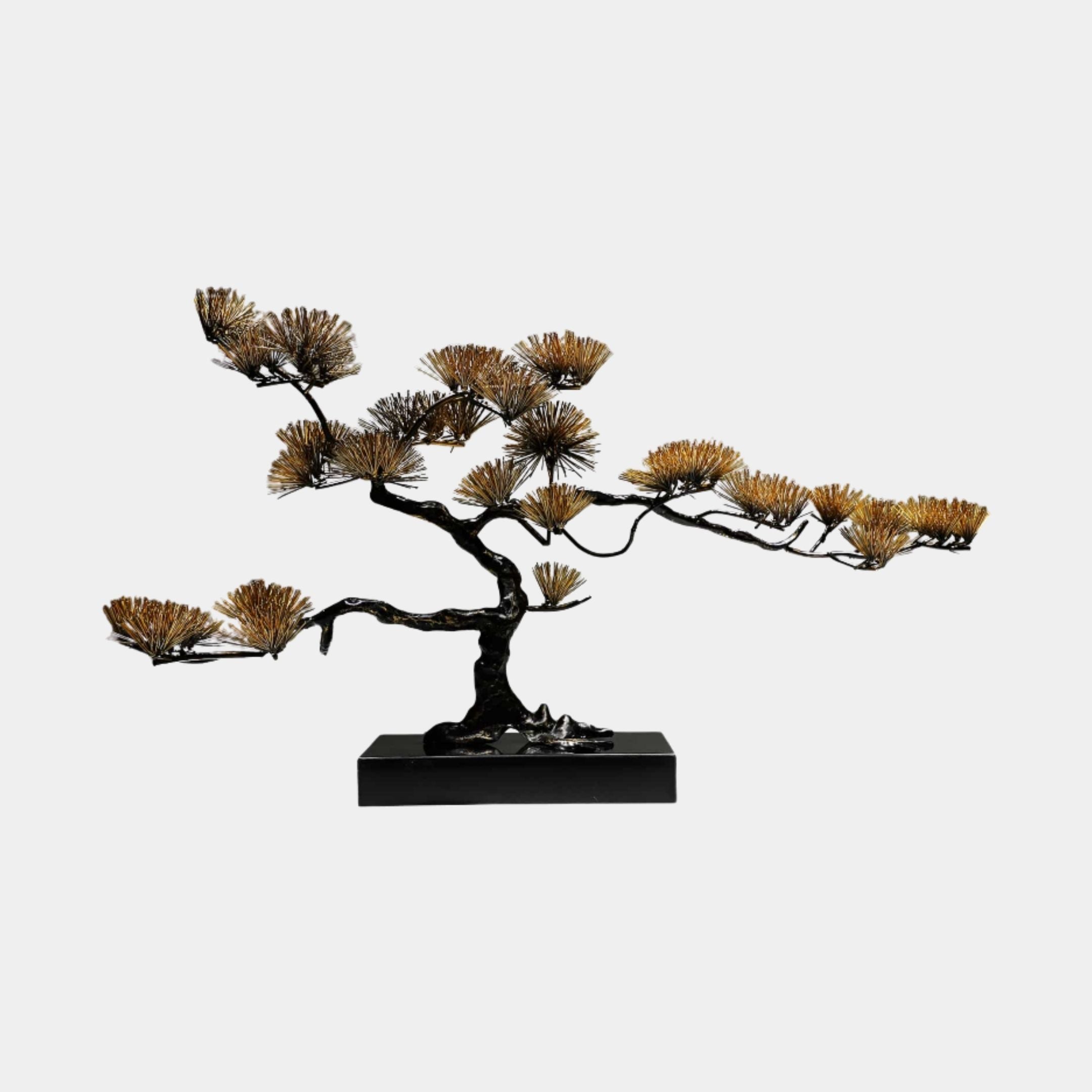 Antique Gold Needle-Leaf Pine Bonsai Tree Metal Sculpture by Giant Sculptures, 122cm windswept design with golden-bronze needle clusters on a black base.