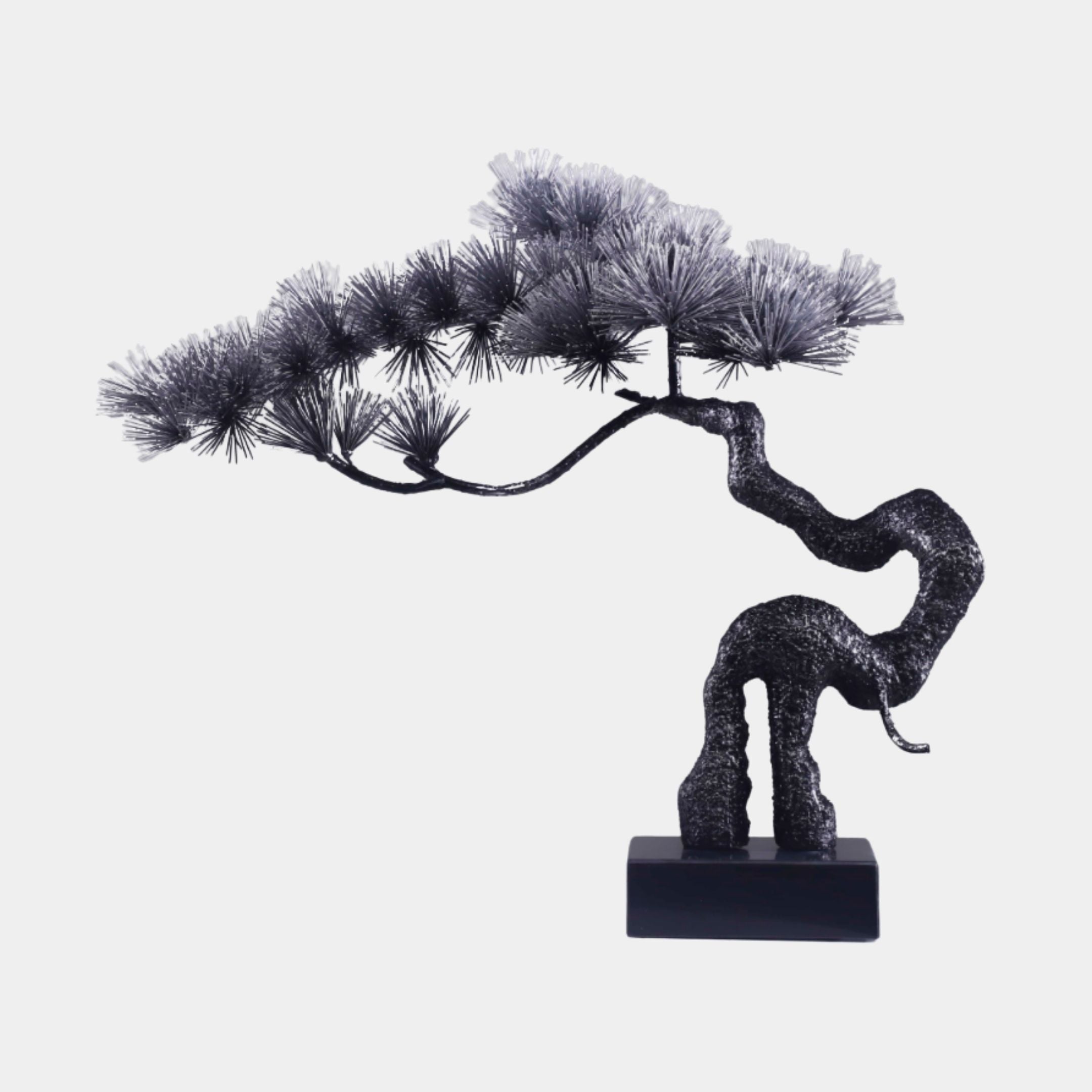 Giant Sculptures Silver Needle-Leaf Pine Bonsai Tree metal sculpture, 77cm, with a looping dark textured trunk and silver needle canopy on a black base.