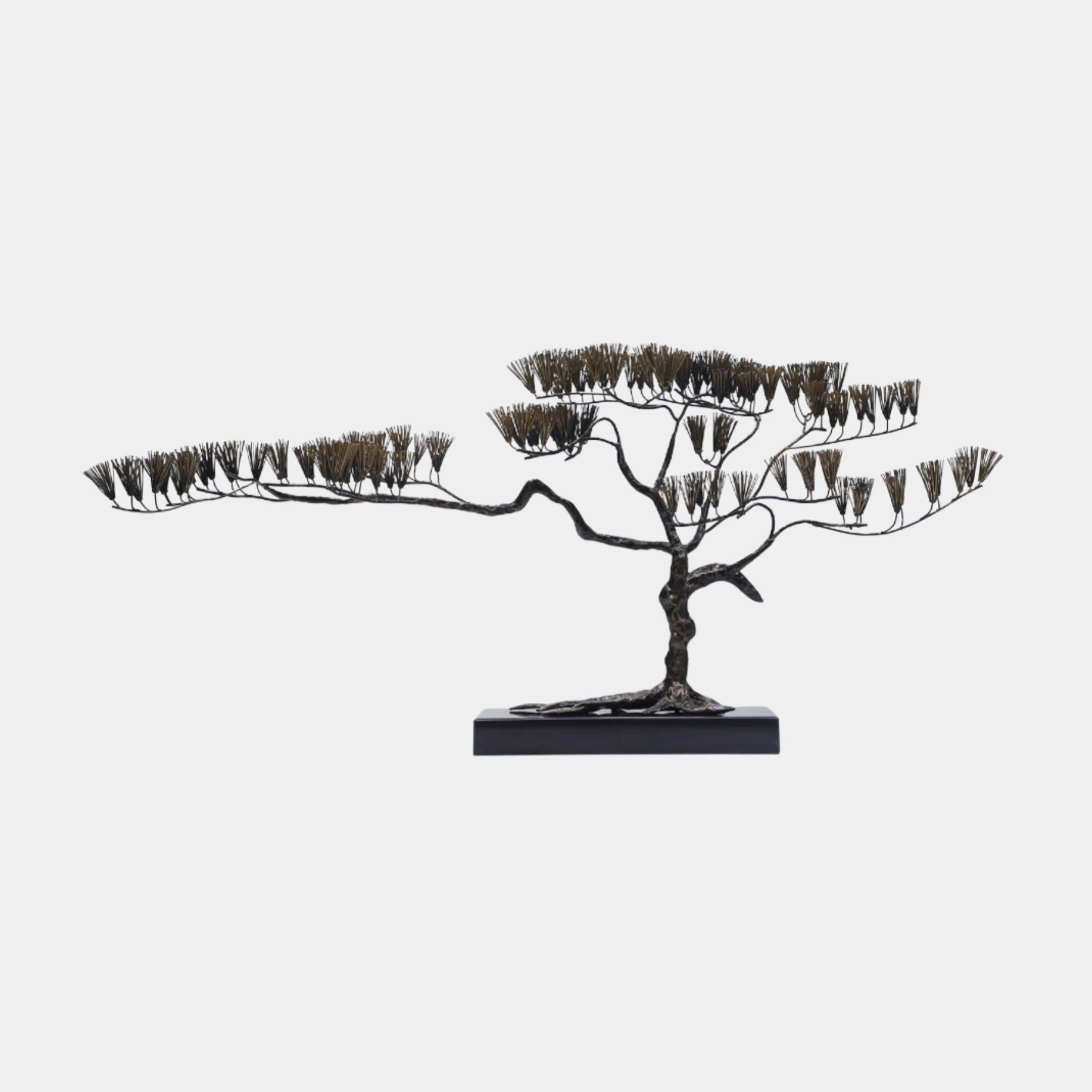 Bronze Spreading Pine Tree Metal Sculpture by Giant Sculptures with a textured dark trunk and wide horizontal branches of wire needle clusters on a black base.