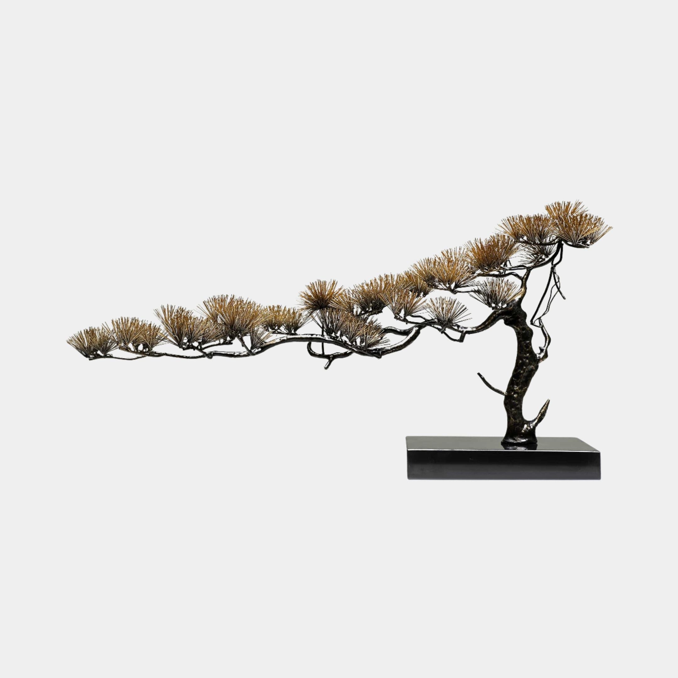 Giant Sculptures Copper Needle-Leaf Leaning Pine Tree metal sculpture, 122cm, with dark textured trunk and golden wire needles on a black rectangular base.