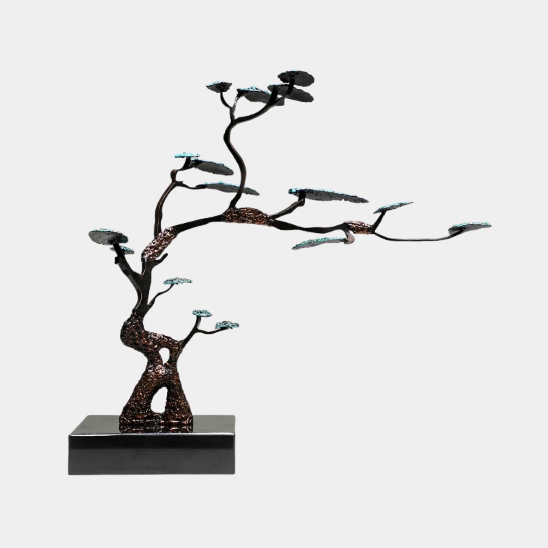 Teal Plate-Leaf Bonsai Tree Metal Sculpture by Giant Sculptures, 64cm, with textured copper trunk and dark teal cloud-shaped canopies on a black base.