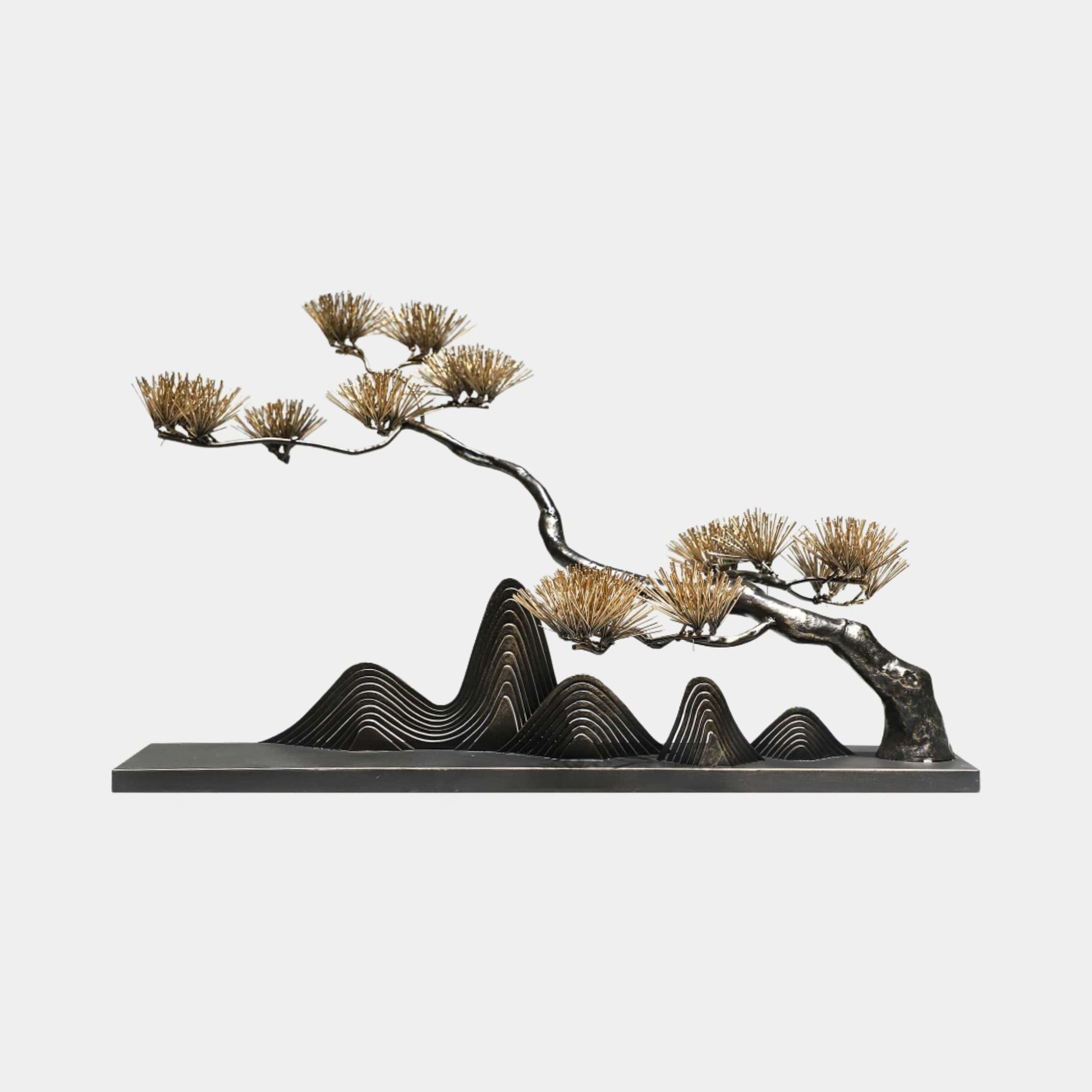Giant Sculptures Pine Tree & Mountain Landscape Metal Sculpture 80cm with golden pine needle clusters above layered black mountain ridges on a plain background.