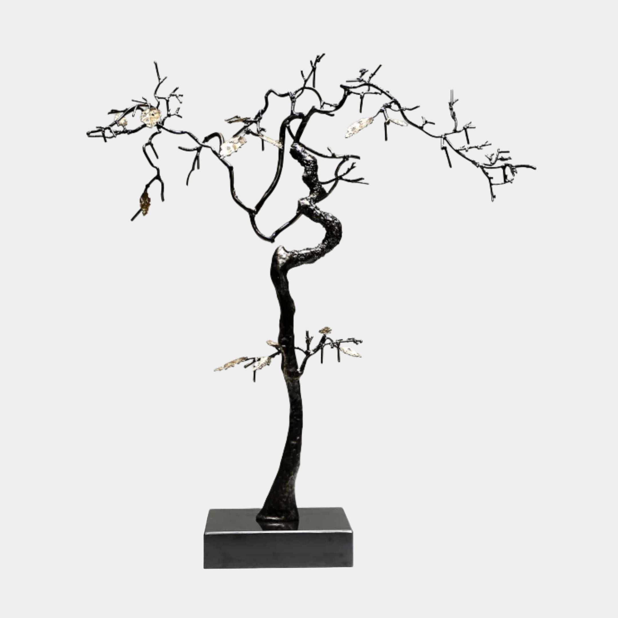 Black Metal Blossom Tree Metal Sculpture from Giant Sculptures, 84cm tall with a twisting trunk and gold blossom accents on a polished marble base.