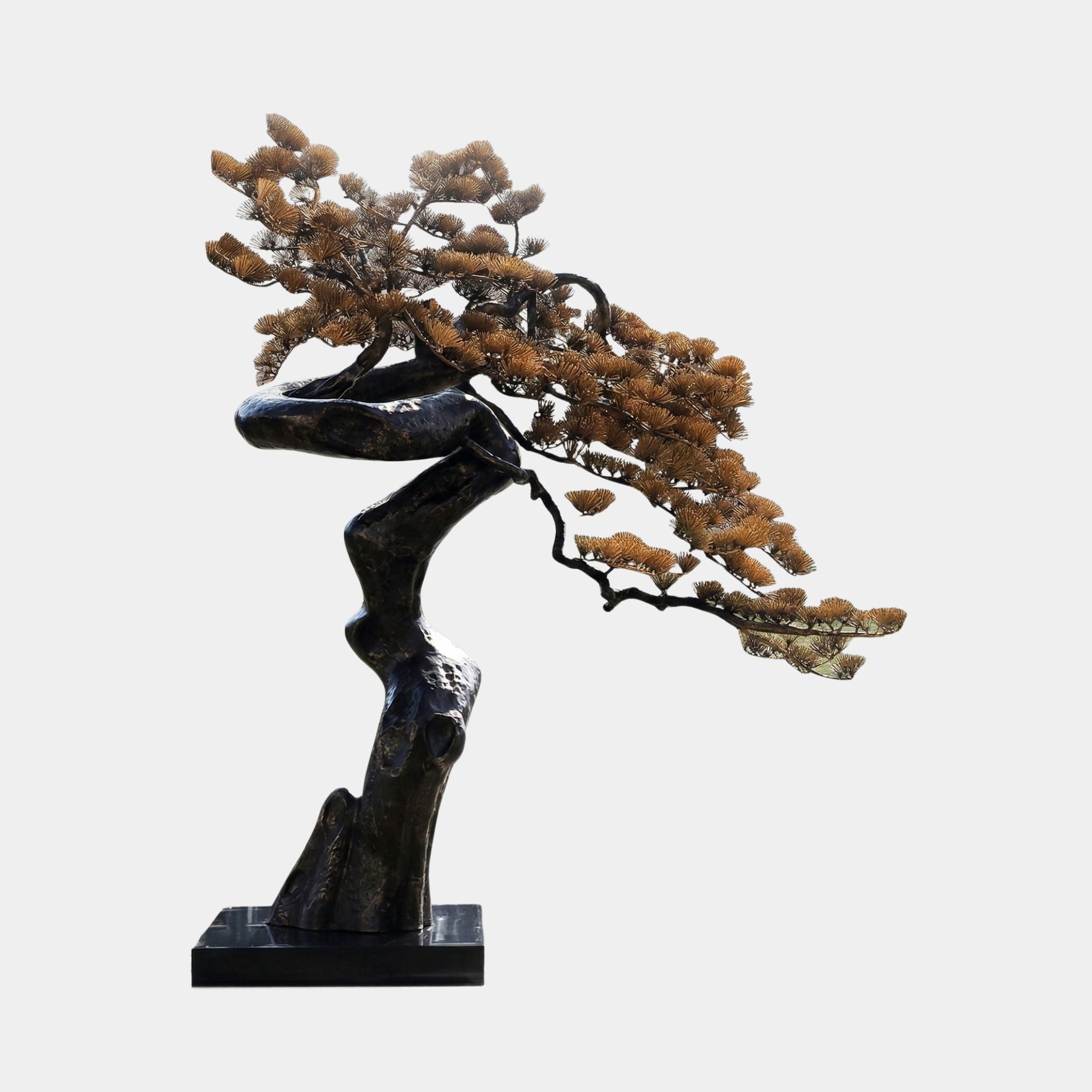 Large Bronze Pine Bonsai Tree Metal Sculpture 220cm by Giant Sculptures, featuring a twisting dark bronze trunk and golden-copper needle canopy on a rectangular base.