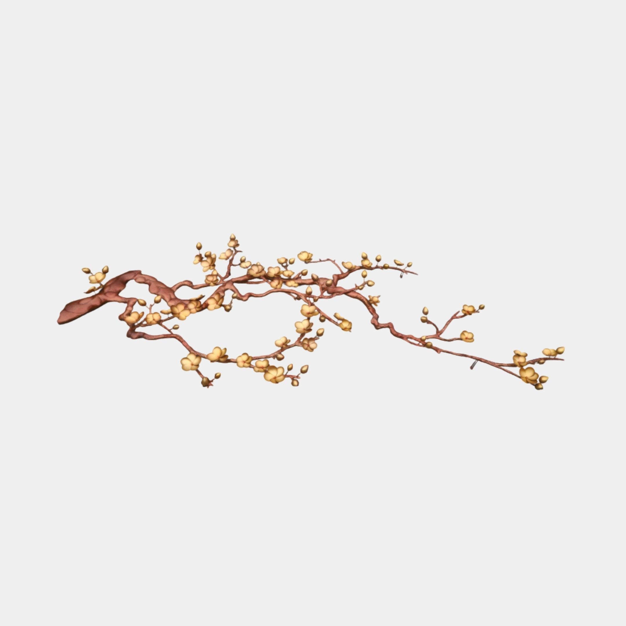 Giant Sculptures Copper-Gold Blossom Branch Metal Wall Sculpture 500cm, horizontal copper-toned branch with gold plum blossoms, shown on a plain light background.