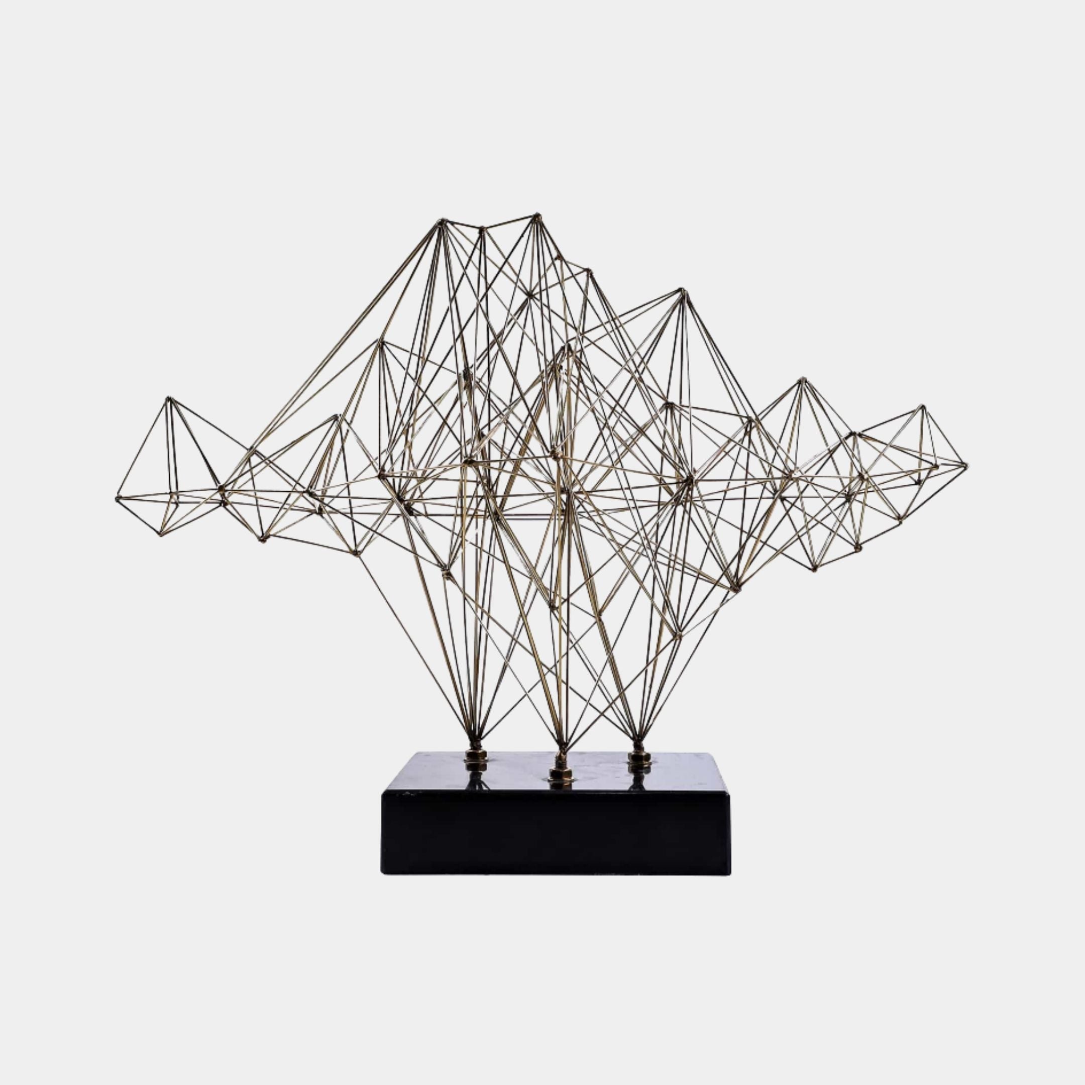 Bronze Geometric Wire Constellation Metal Sculpture by Giant Sculptures, 68cm, with interconnected pyramidal wire forms on a black marble base.