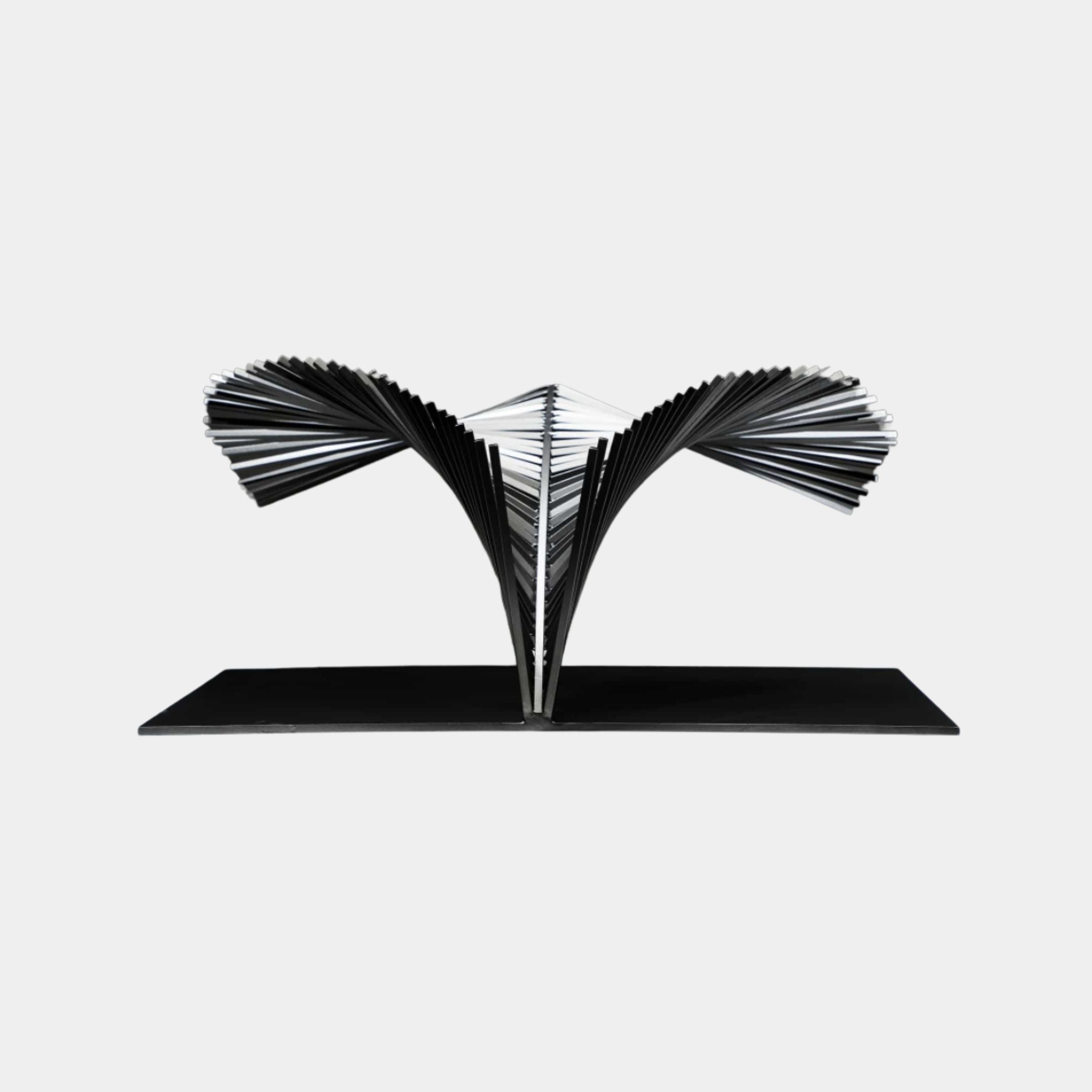 Giant Sculptures Black Geometric Fanned Blade Metal Sculpture 70cm with symmetrical layered blades fanning from a central V-spine on a rectangular black base.