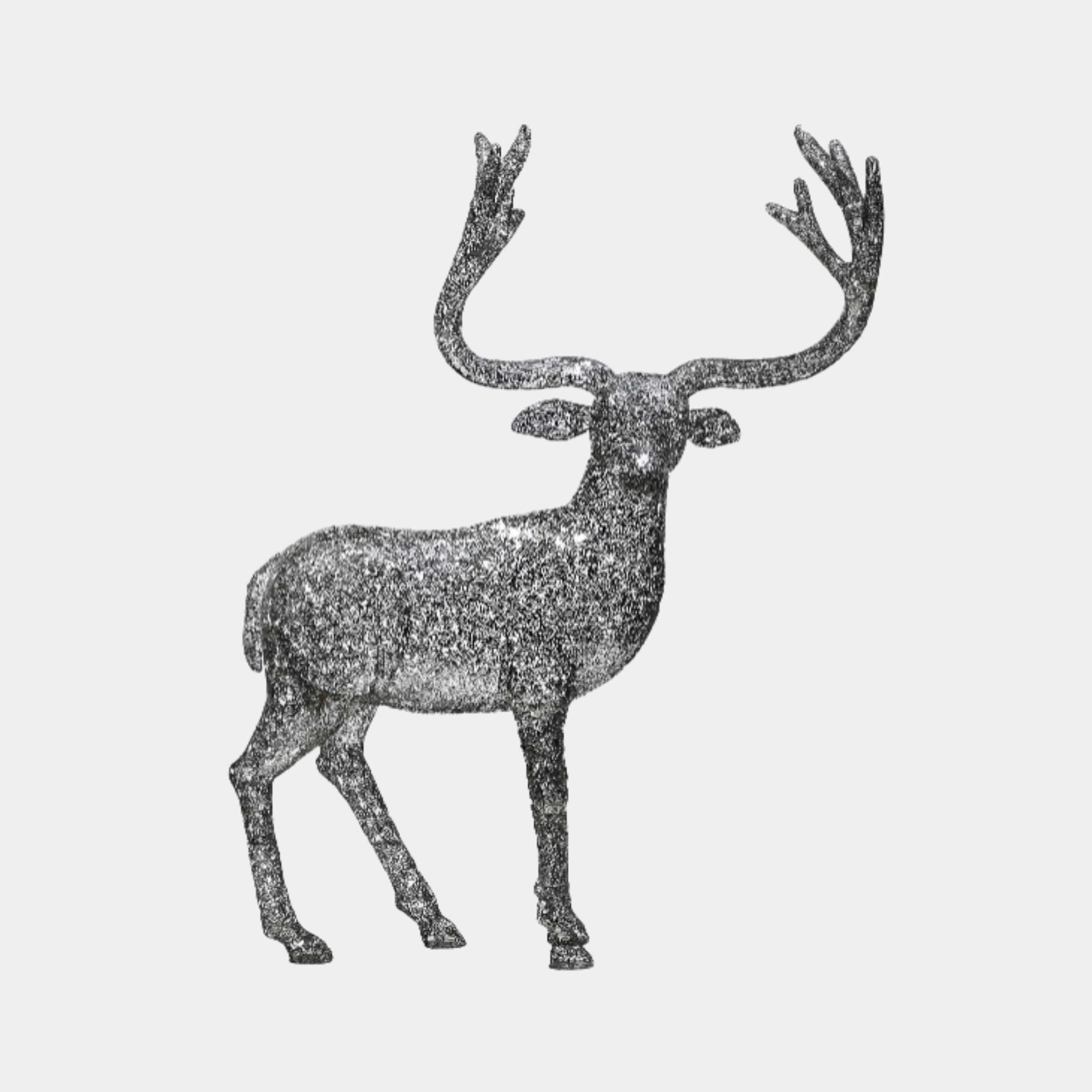 Silver Wire-Mesh Standing Stag Metal Sculpture 165cm by Giant Sculptures, shown side-on with raised antlers and textured silver-grey finish on a plain background.