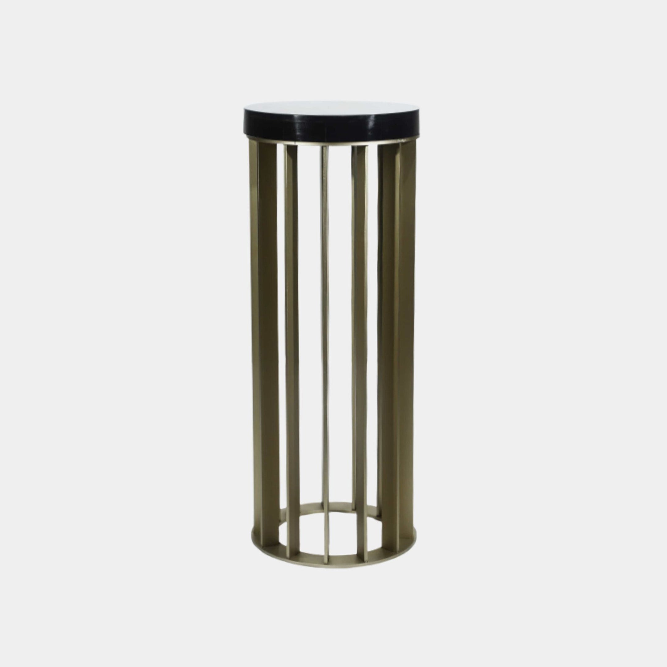 Gold Slatted Cylindrical Pedestal Metal Sculpture by Giant Sculptures, featuring a brushed champagne-gold open bar cage topped with a black stone disc on a plain background.