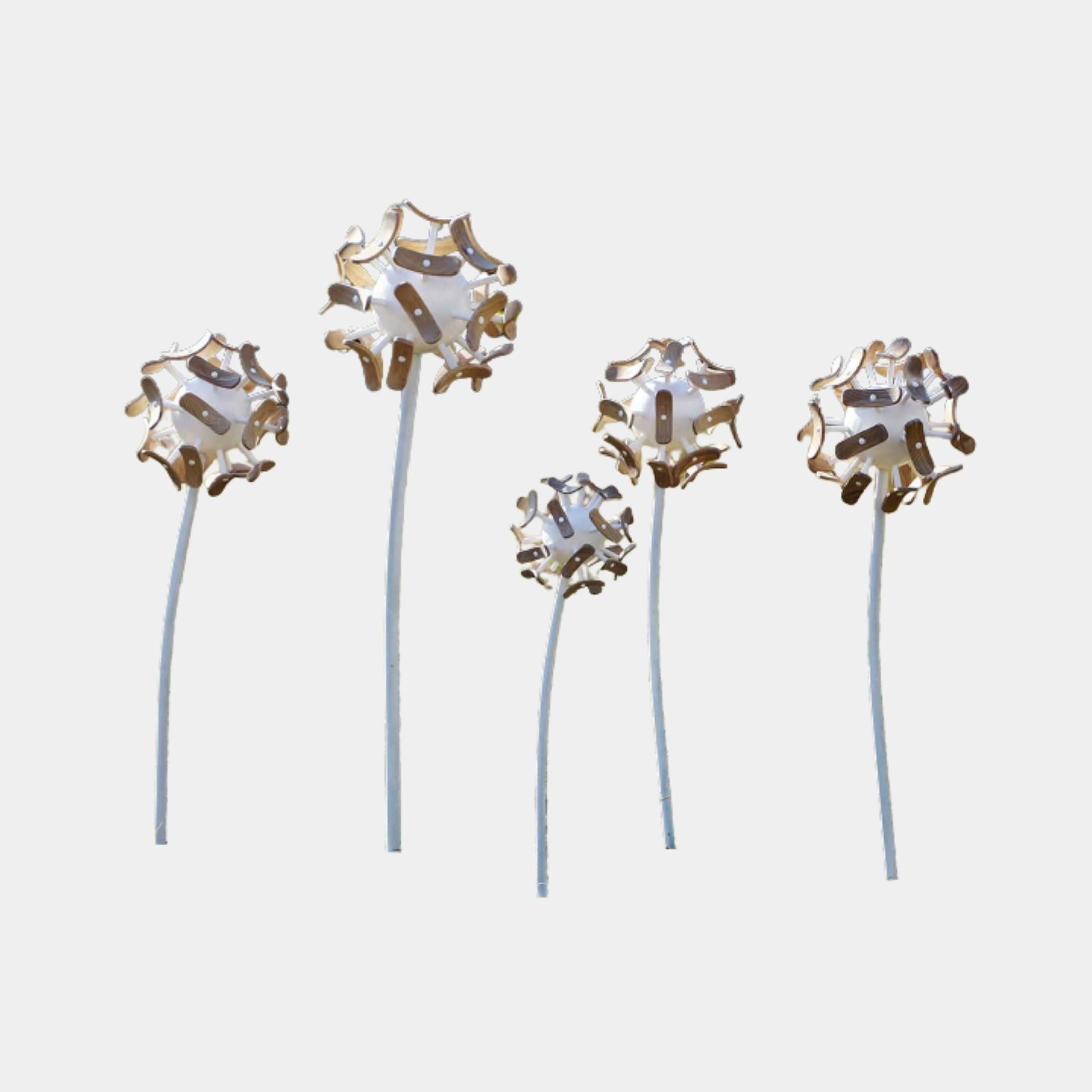 Giant Sculptures White Dandelion Seed Head Garden Metal Sculpture 100cm, group of five slender white stems topped with silver and gold segmented spheres.