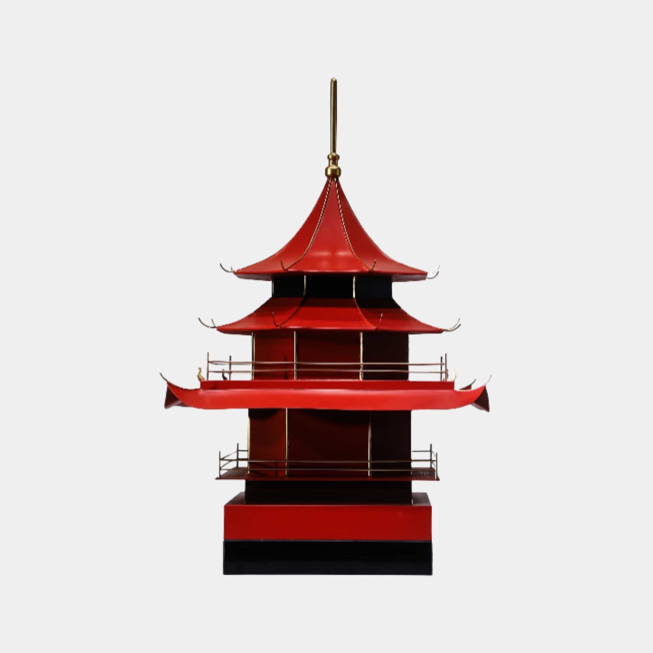 Giant Sculptures Imperial Red Traditional Tiered Pagoda, 87cm metal sculpture with crimson tiered roofs, upturned eaves, gallery railings, and gold spire on plain background.