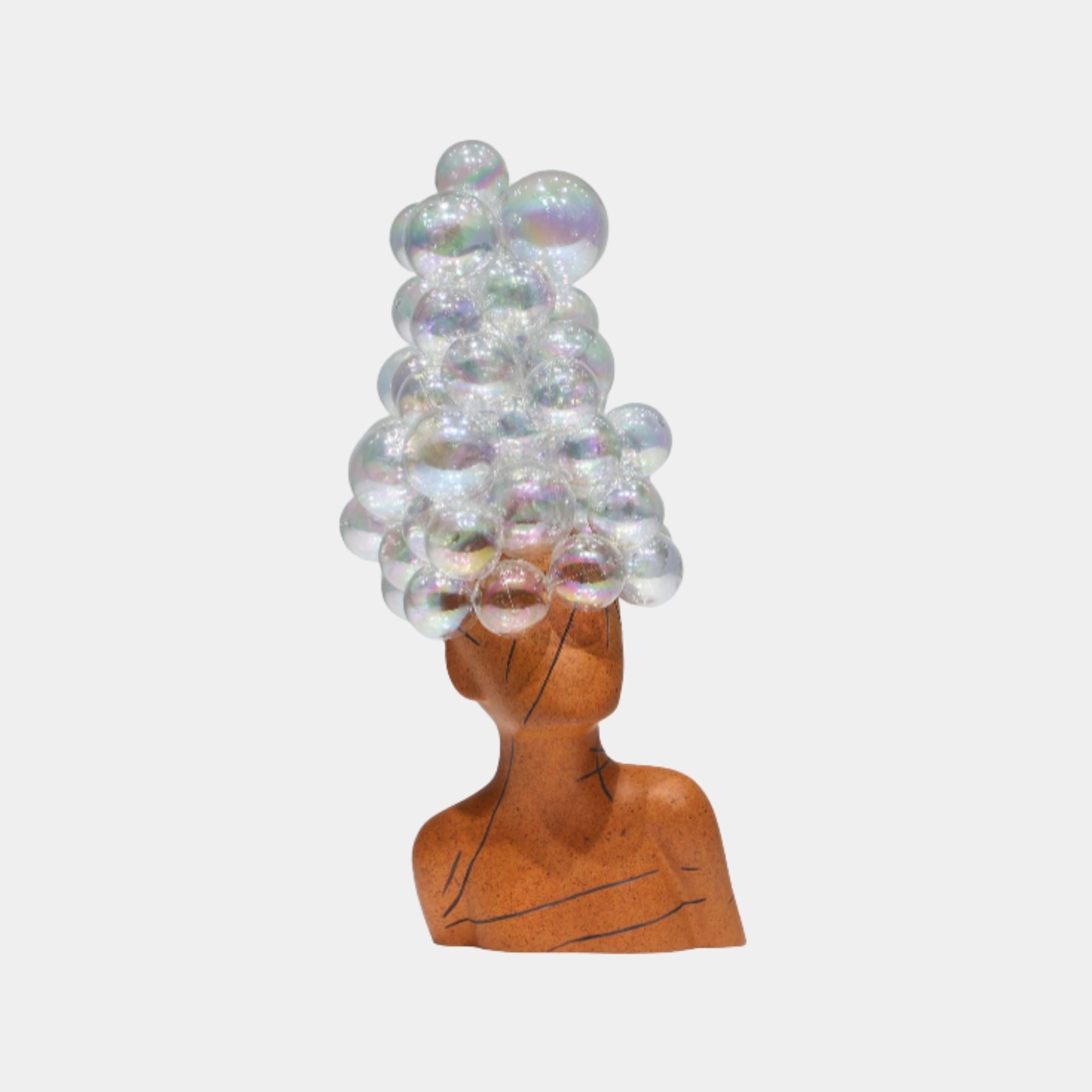 Giant Sculptures Iridescent Bubble-Crown Female Bust in 3D-printed terracotta resin with dark line details, topped by a tower of acrylic bubbles, 40cm.