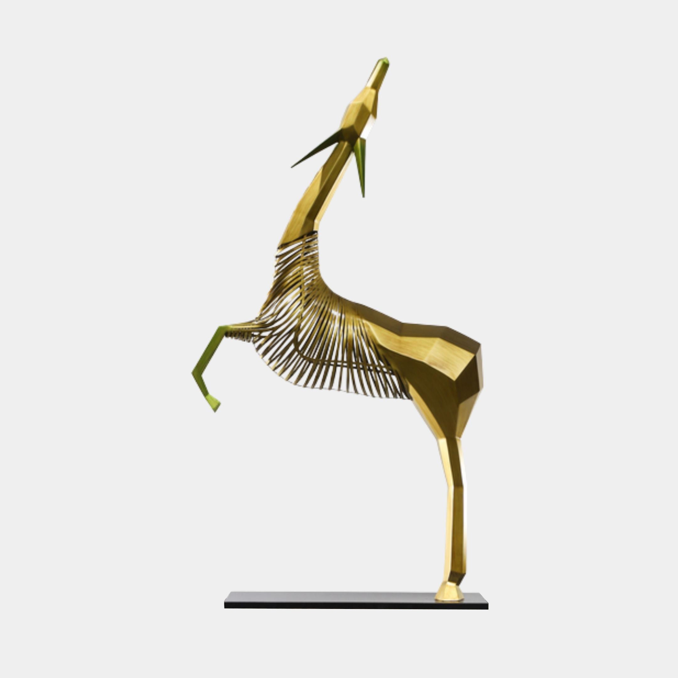 Gold Geometric Leaping Gazelle Metal Sculpture 166cm by Giant Sculptures, side view with head raised and slatted torso, on a black rectangular base.