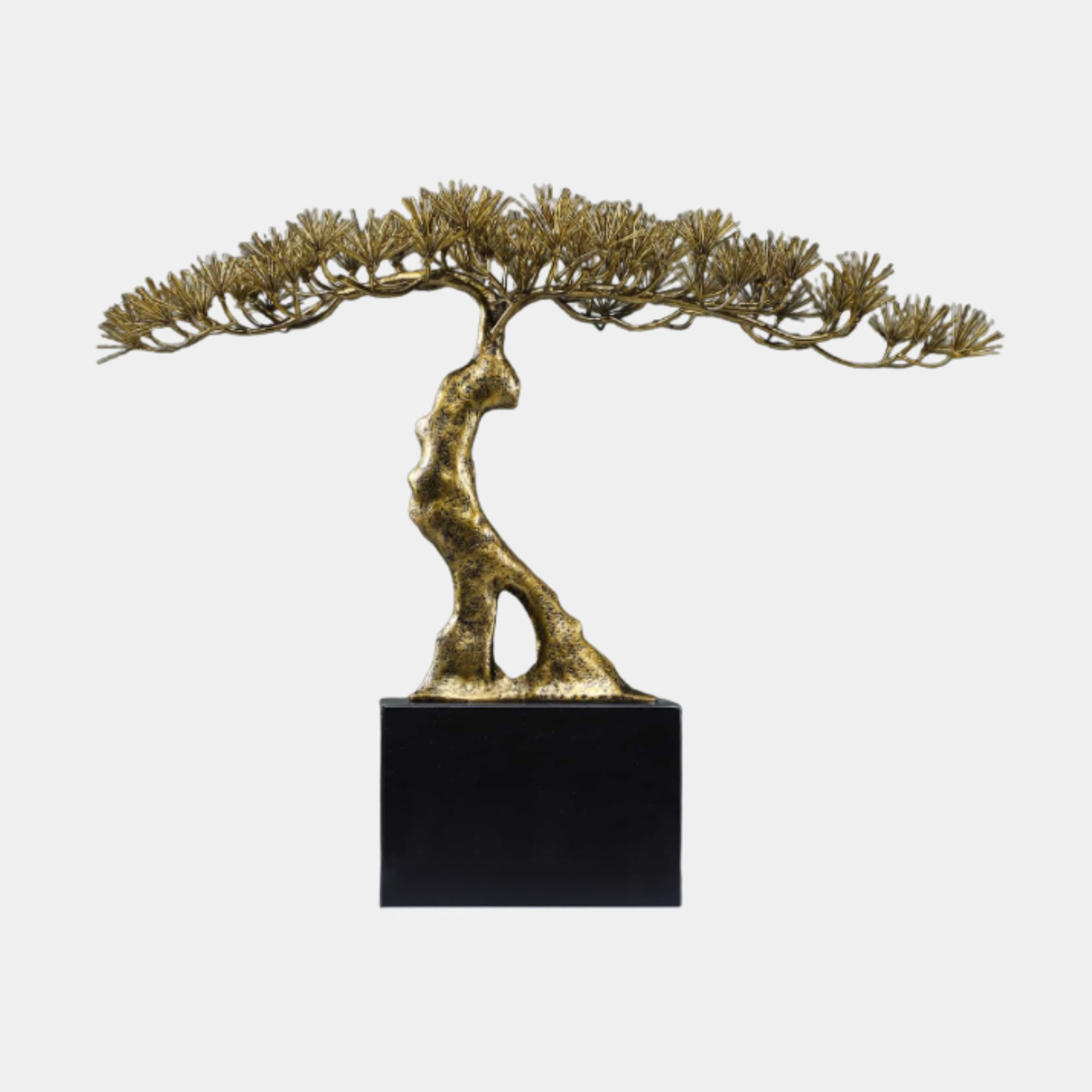 Gold Umbrella Pine Bonsai Tree Metal Sculpture by Giant Sculptures, 62cm, with a textured bronze trunk and wide canopy of golden needles on a black cube base.