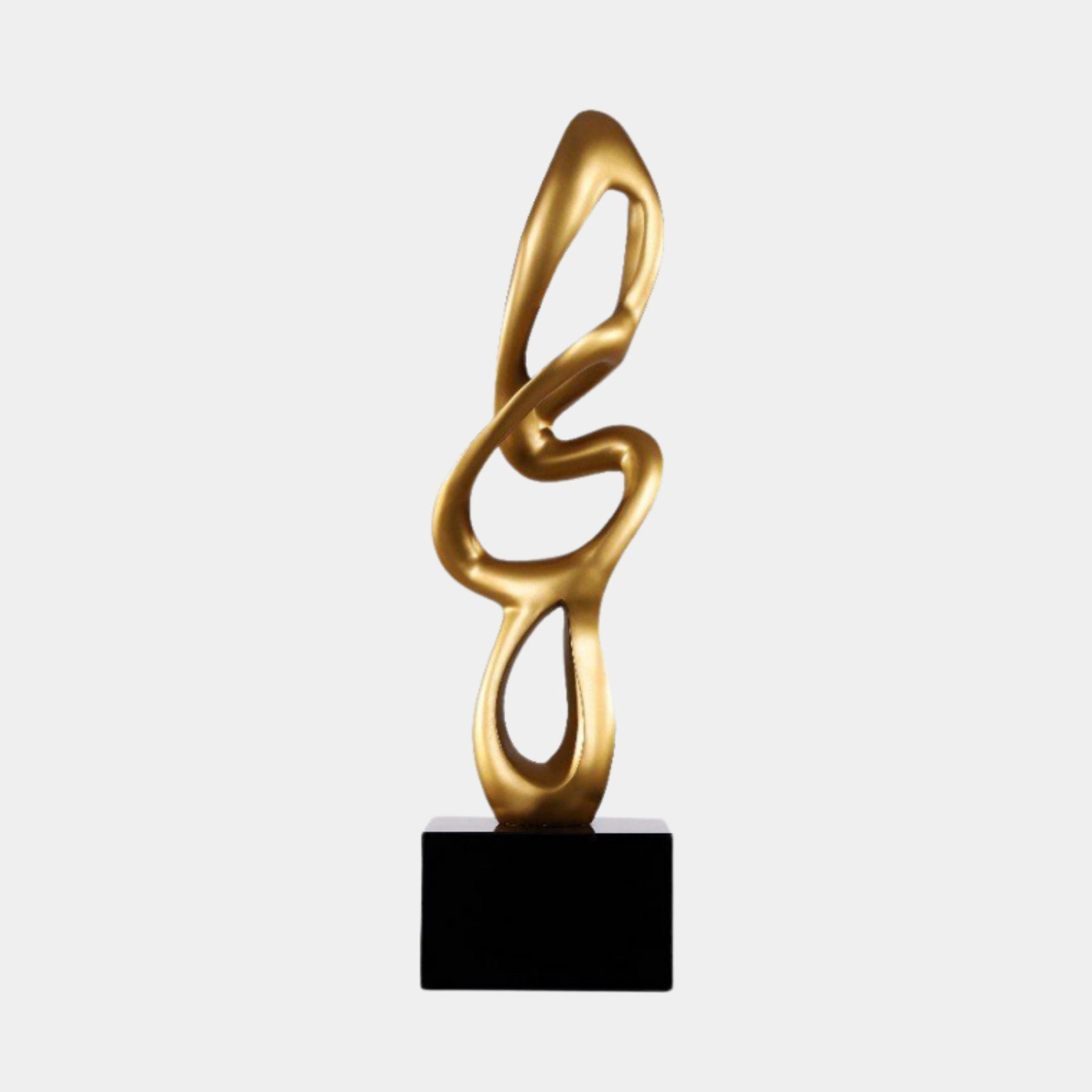Gold Abstract Infinite Loop Metal Sculpture by Giant Sculptures, 95cm tall with flowing treble clef-like curves on a black cube base, shown against a plain background.