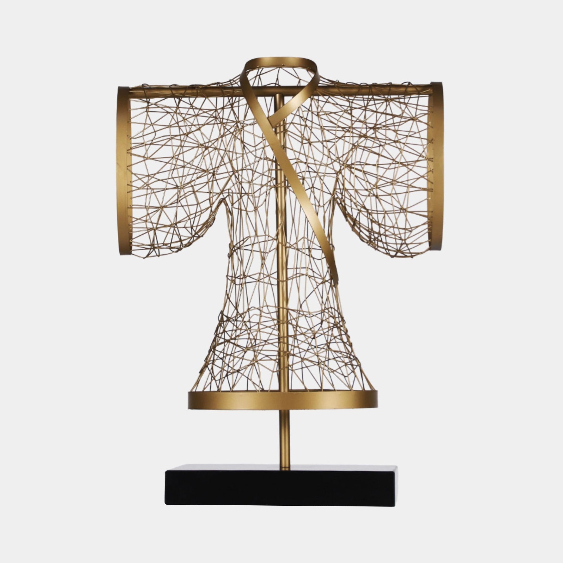 Giant Sculptures' 64cm Gold Geometric Wire-Mesh Kimono sculpture, front view with wide sleeves and diagonal strap, on a black base against a plain background.