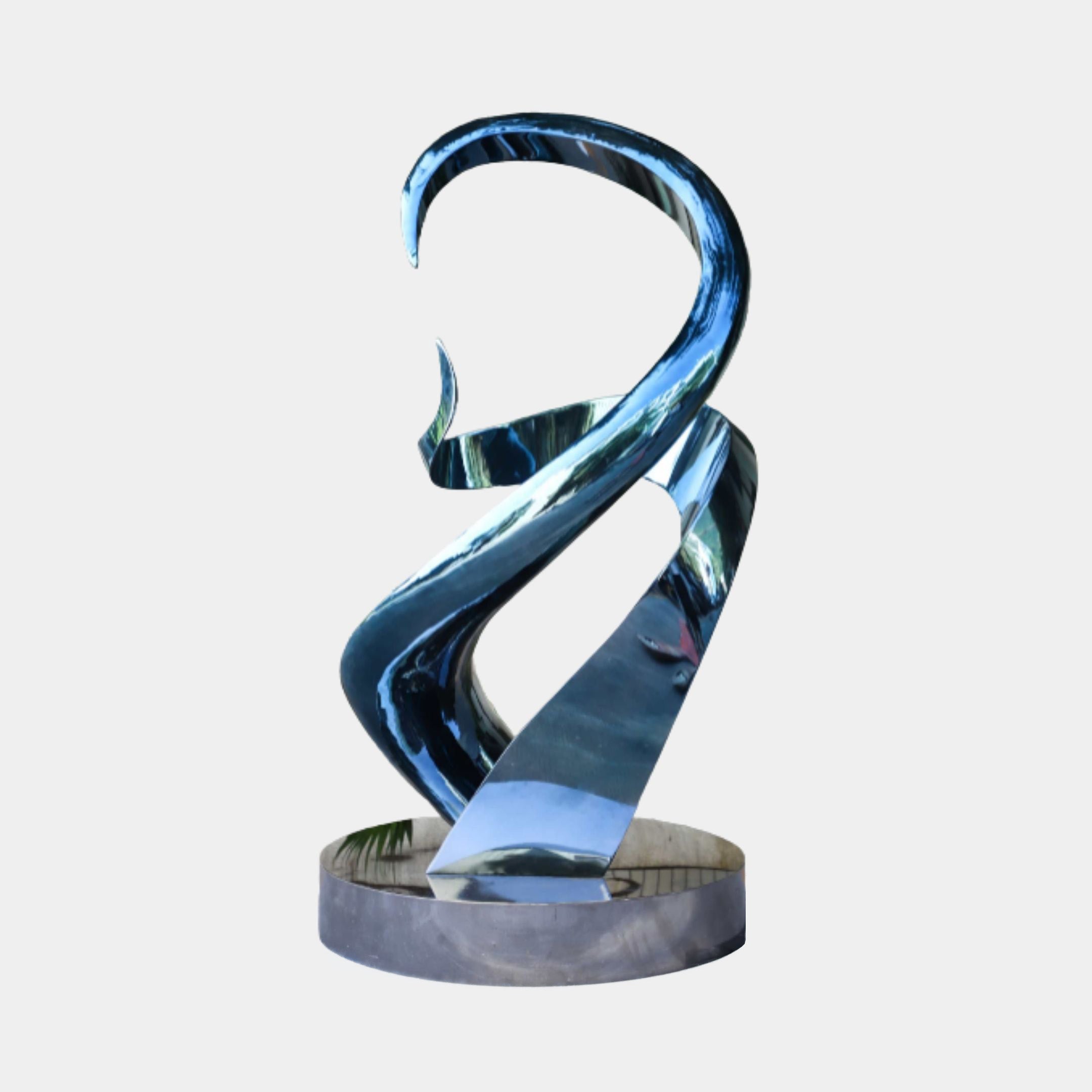 Blue mirror-polished spiral stainless steel sculpture by Giant Sculptures, twin ribbons twisting upward from a circular steel base, 173cm tall.