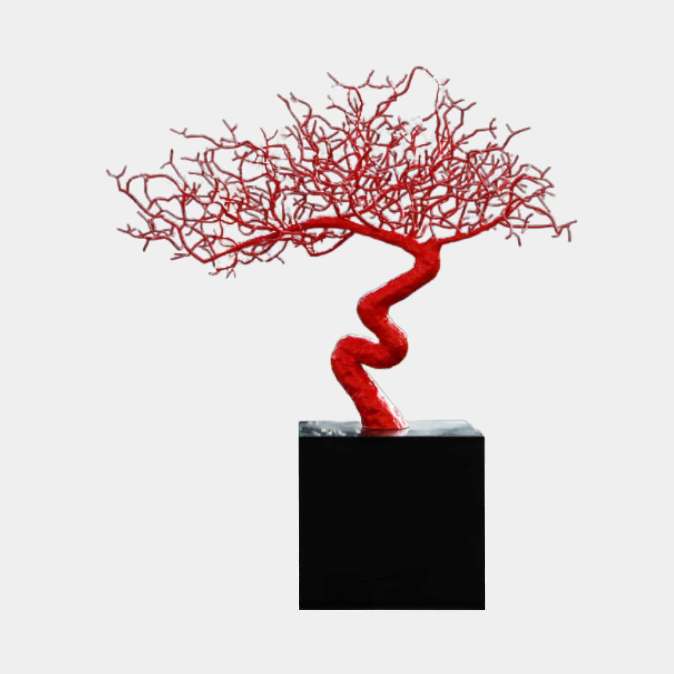 Giant Sculptures Fire Red Zen Coral Tree Metal Sculpture 170cm with a zigzagging textured trunk and wide wire branch canopy on a glossy black cube base.