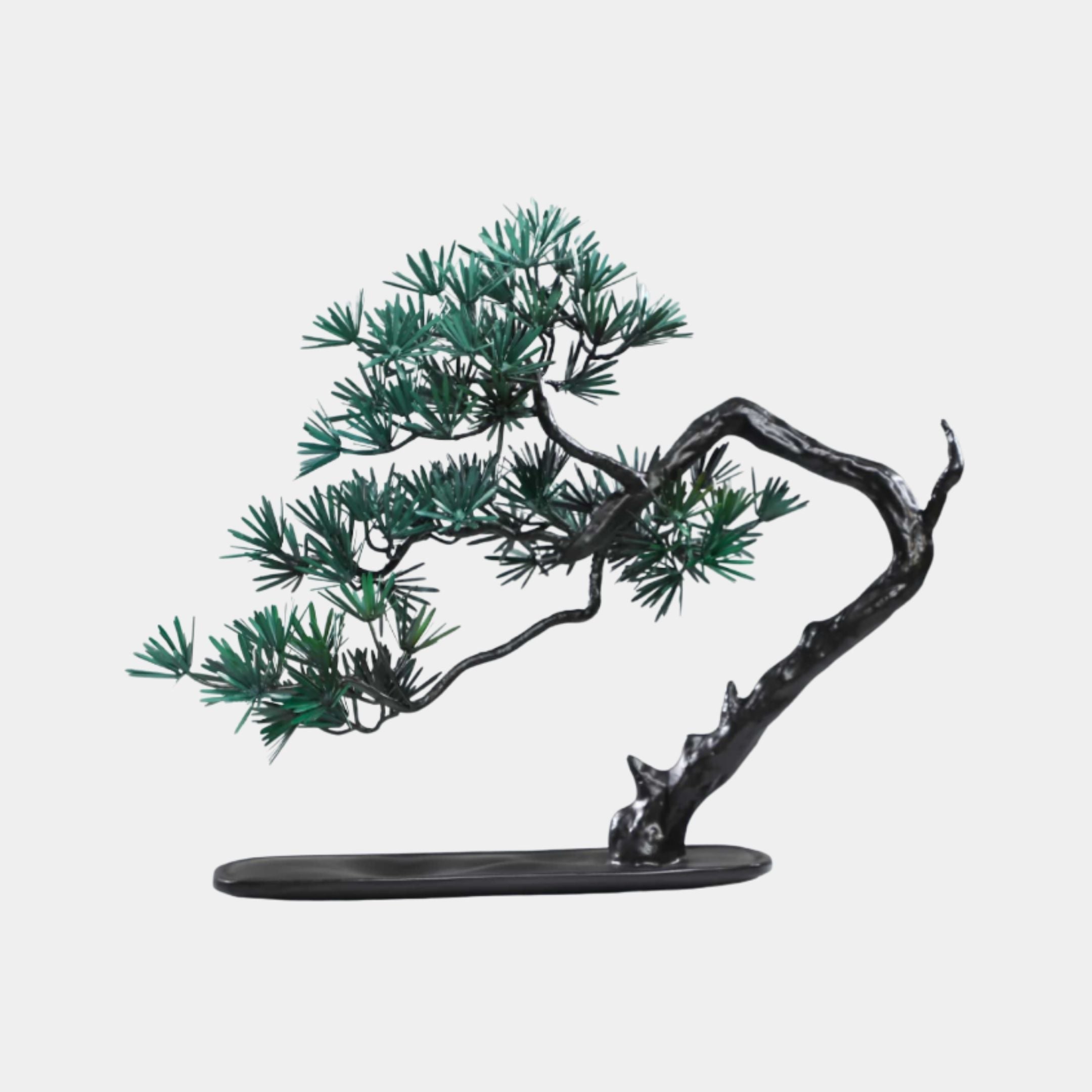 Giant Sculptures Green Gnarled Pine Bonsai Tree 69cm metal sculpture with arching dark trunk, bright green needle foliage, and oval black base on white.
