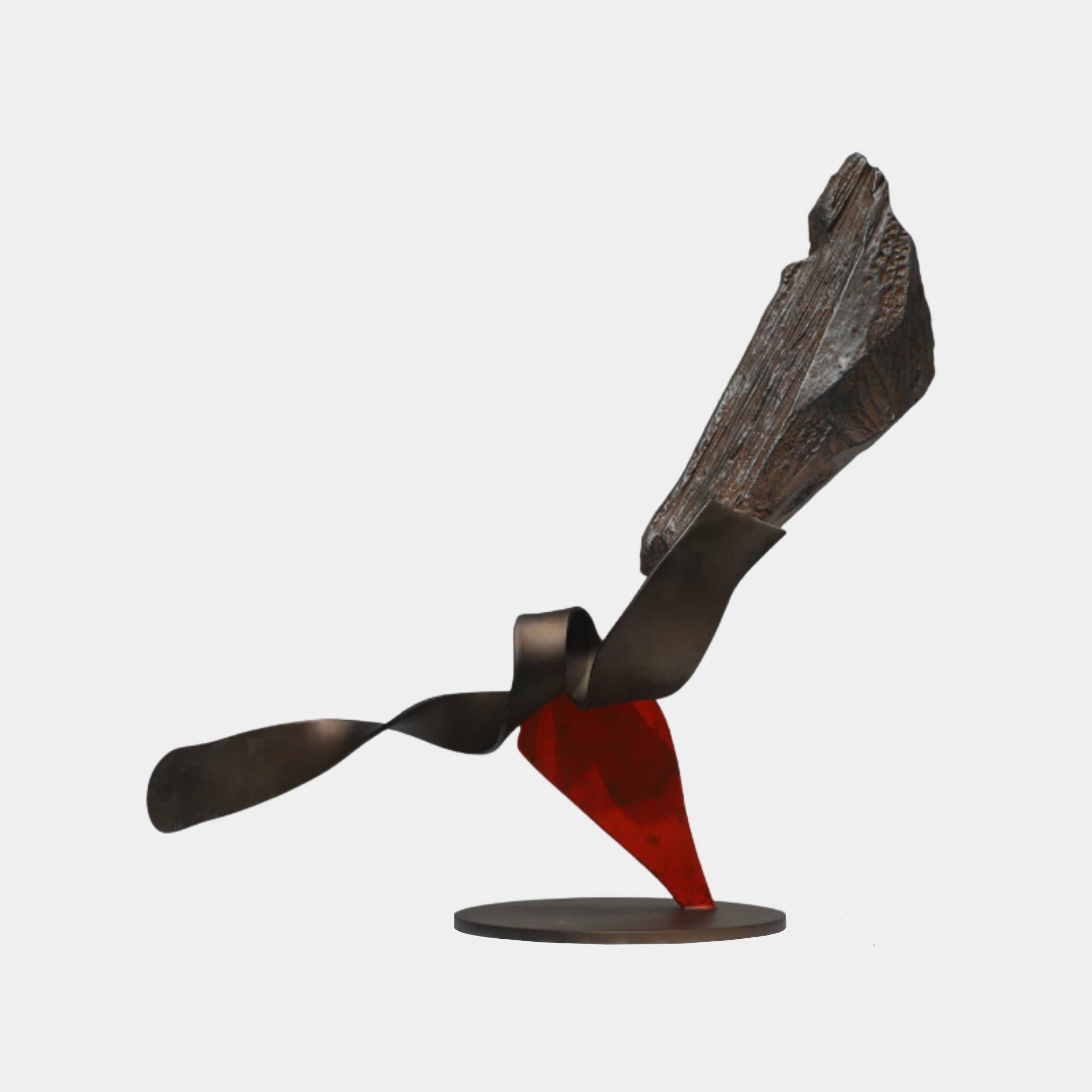 Giant Sculptures Bronze & Red Industrial Abstract Ribbon Metal Sculpture 65cm with stone-textured top, twisting steel ribbon, and red resin spike on a round base.