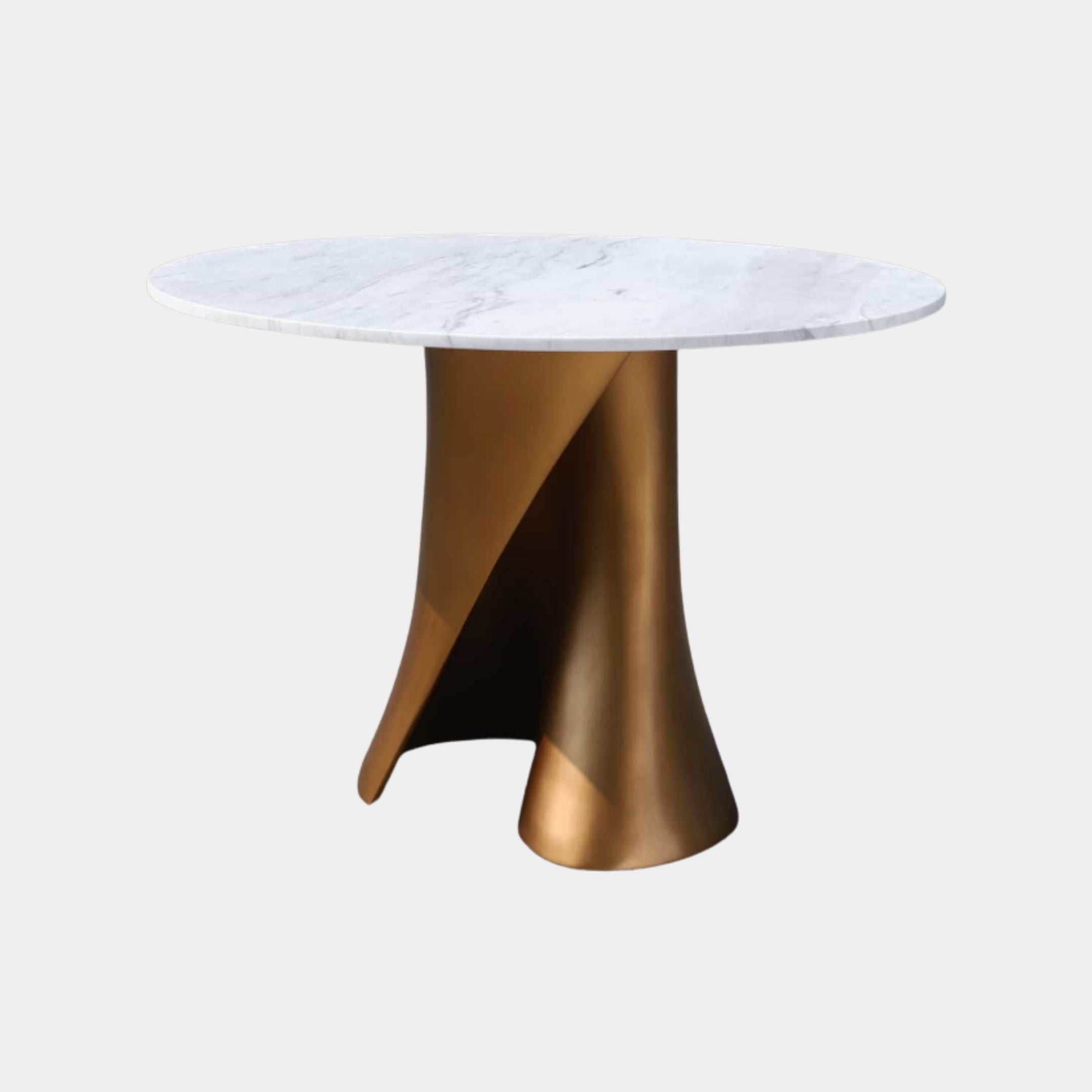 Giant Sculptures White Marble & Champagne Gold Twisted Pedestal Table 115cm with round Carrara marble top on a brushed gold wrapped metal base.