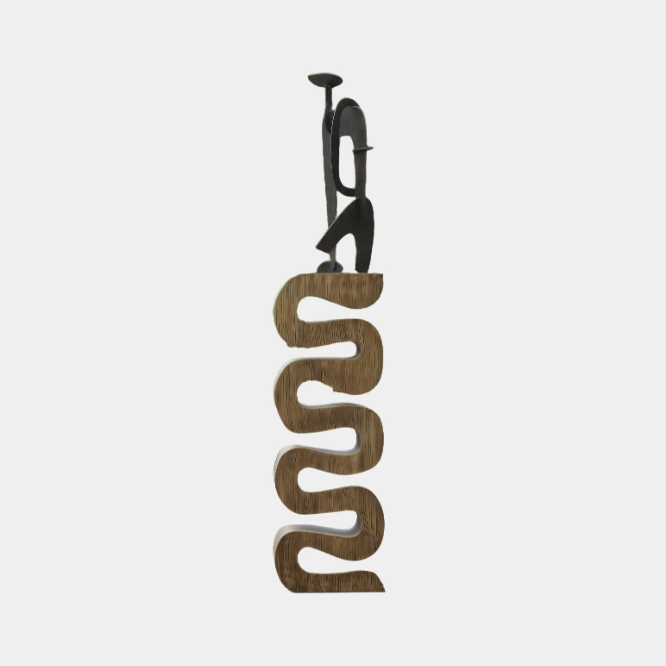 Bronze S-Curve Figural Pedestal Metal Sculpture by Giant Sculptures, 165cm, with wavy wood-tone base supporting a black abstract musician figure, on plain background.