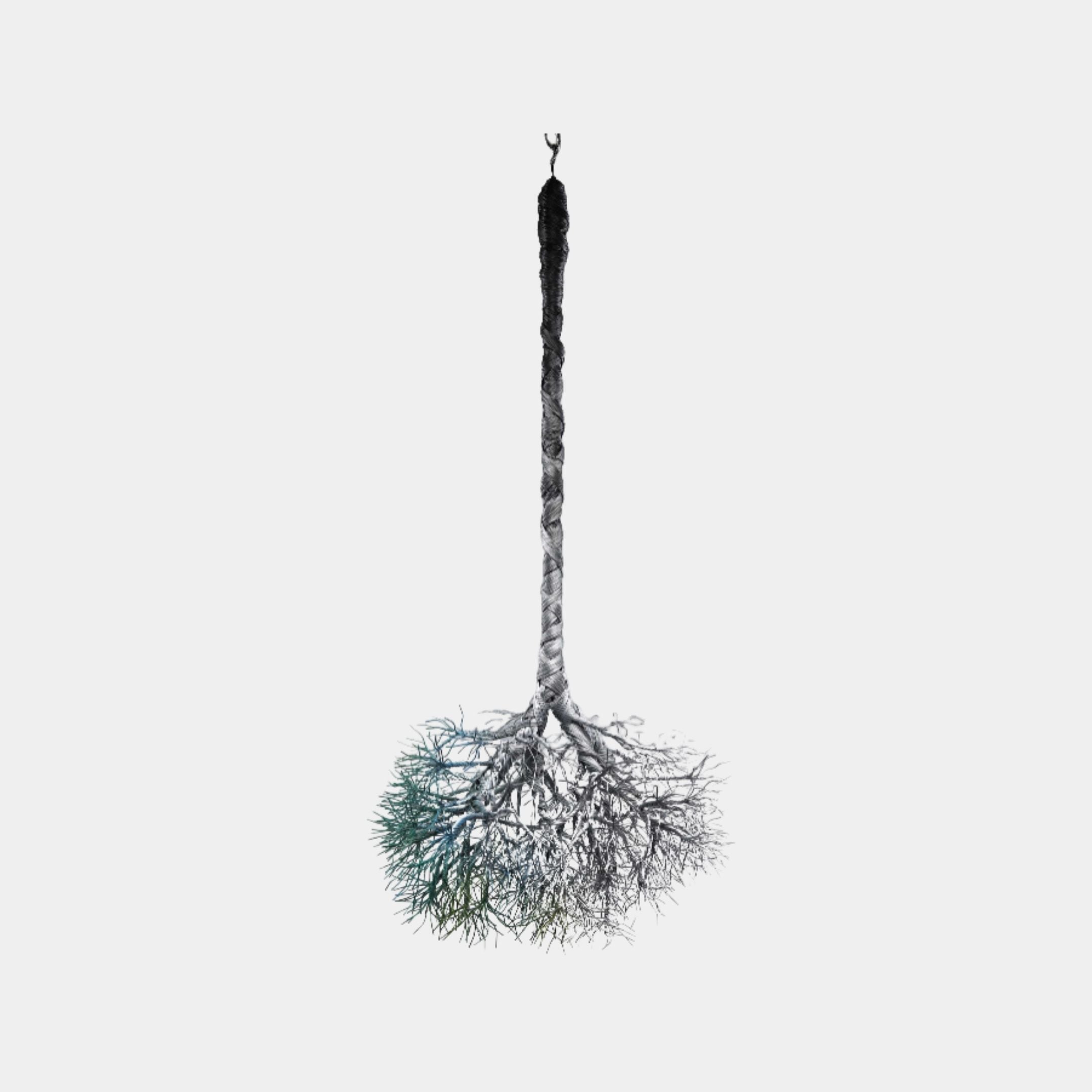 Giant Sculptures Iceberg Braided Weave Hanging Wire Sculpture with a twisted dark trunk descending from a ceiling hook into a wide canopy of green and teal wire needles, on a plain background.