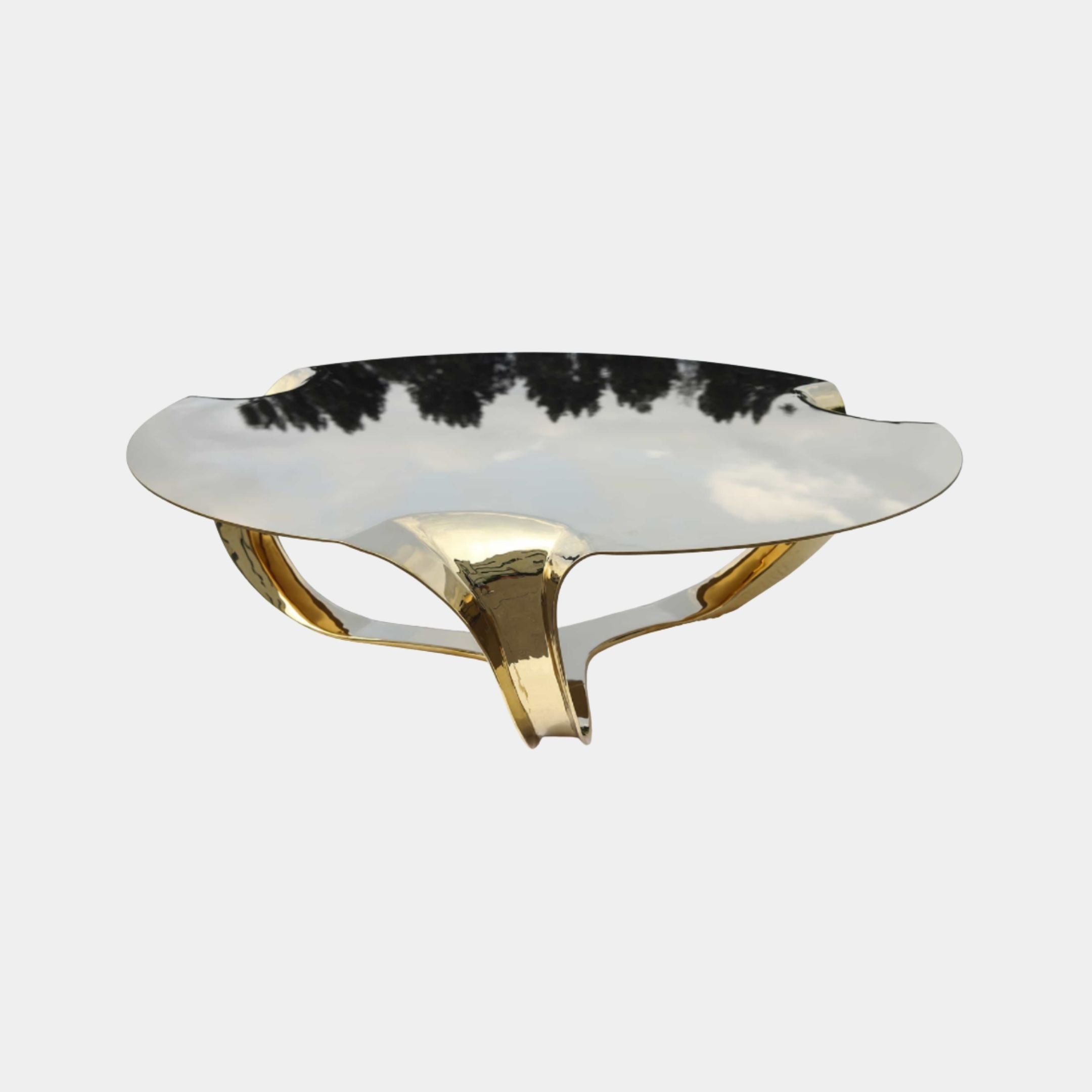 Giant Sculptures Polished Gold Organic Lily Pad Metal Coffee Table 110cm with mirror-polished stainless-steel top on three curved gold arms, on a plain background.