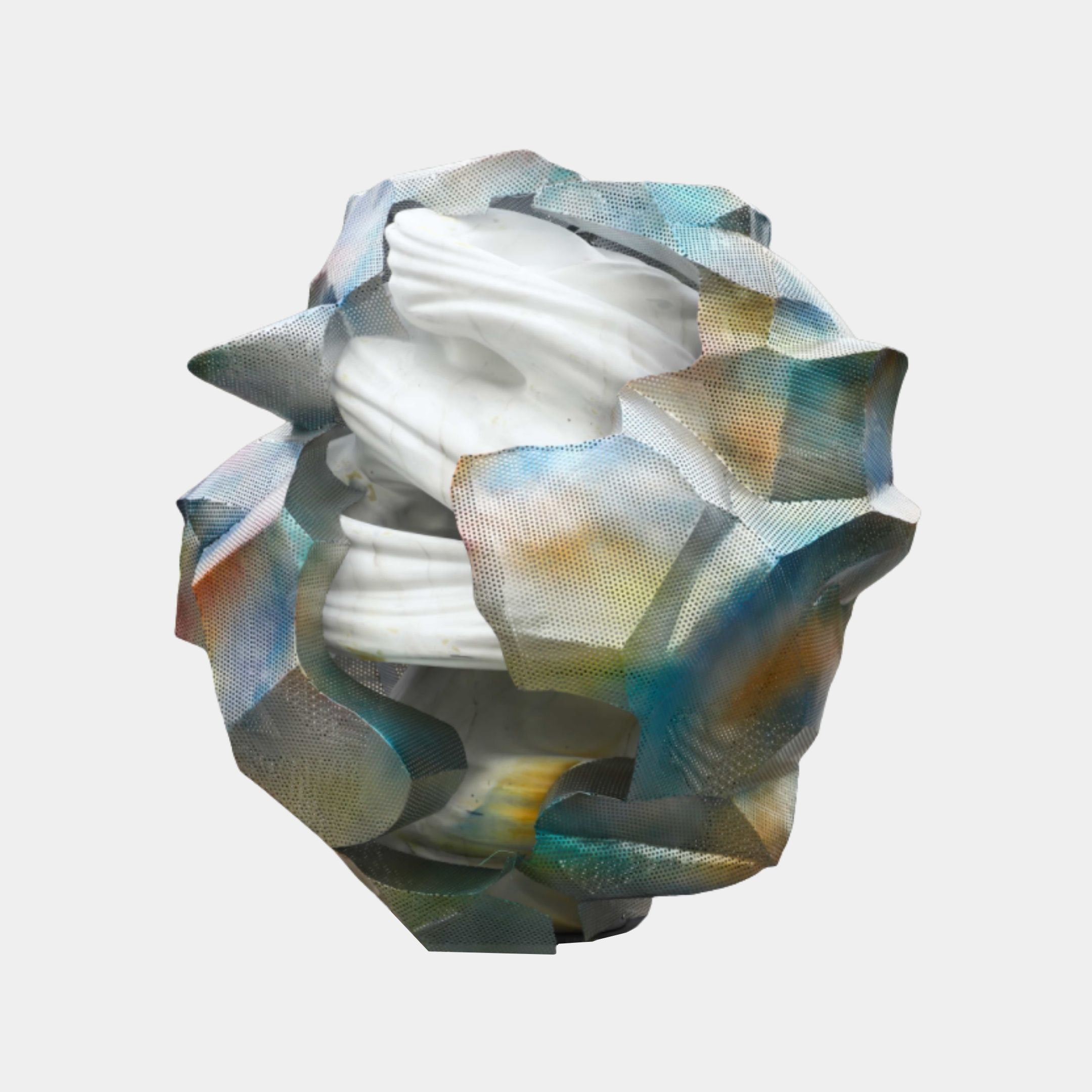 Giant Sculptures Faceted Rock Boulder Stainless Steel Sculpture 150cm with iridescent blue, gold, and silver panels wrapping a white core, on a plain background.