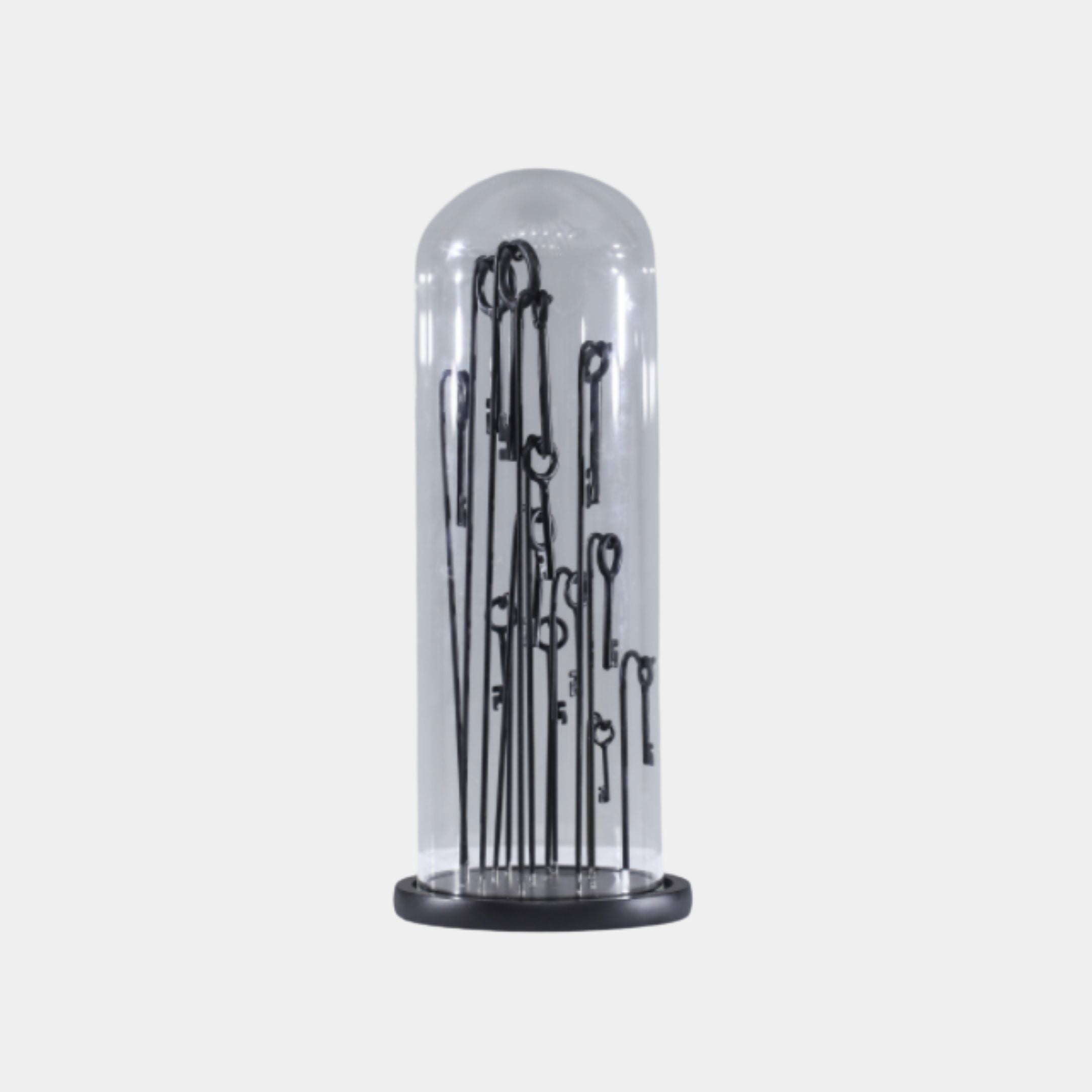 Giant Sculptures Black Vintage Keys in Glass Dome Metal Sculpture 36cm, ornate keys on slender rods beneath a clear dome with circular black base.