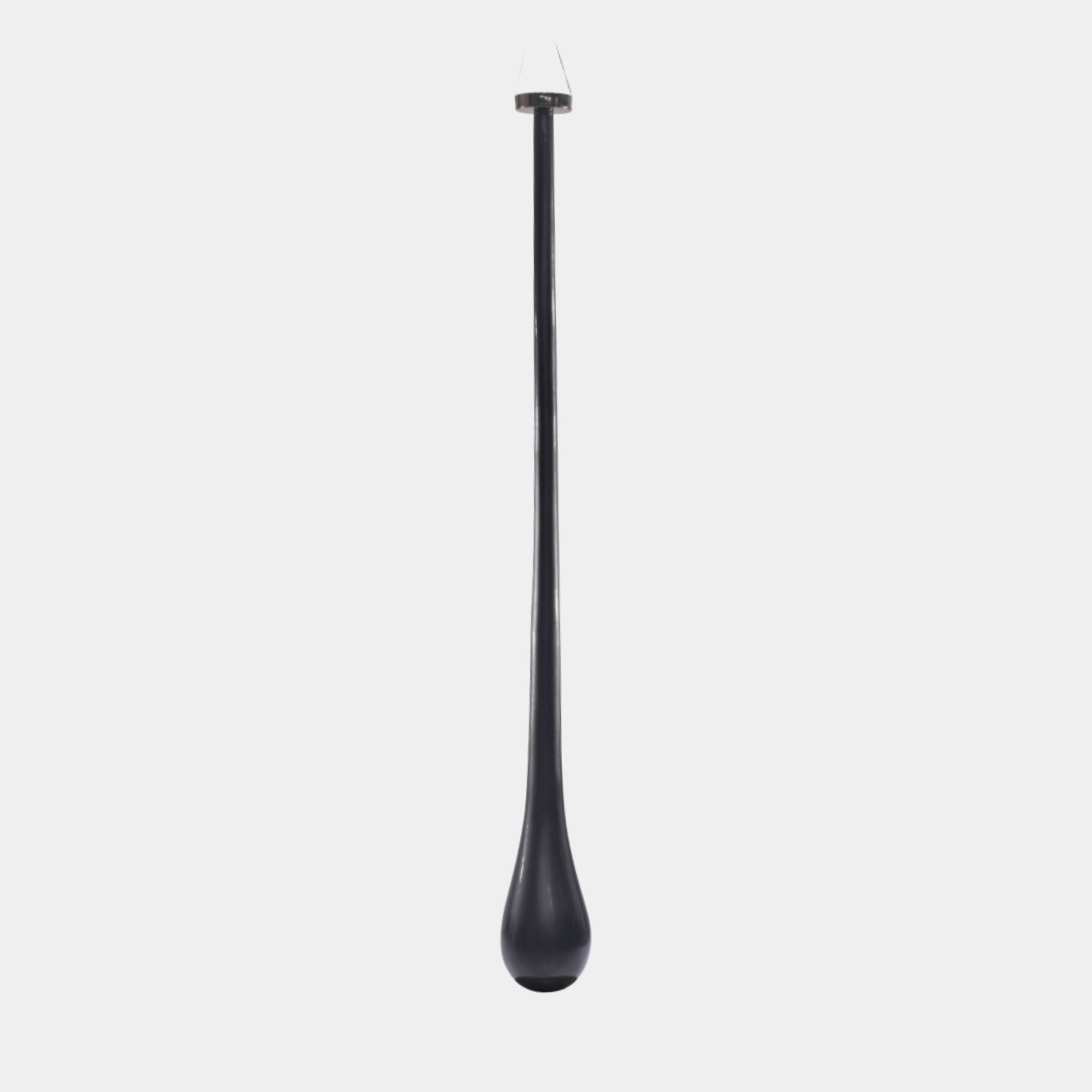 Giant Sculptures Black Elongated Teardrop Column metal sculpture, 200cm, suspended from a small ceiling mount with a matte finish, against a plain light background.