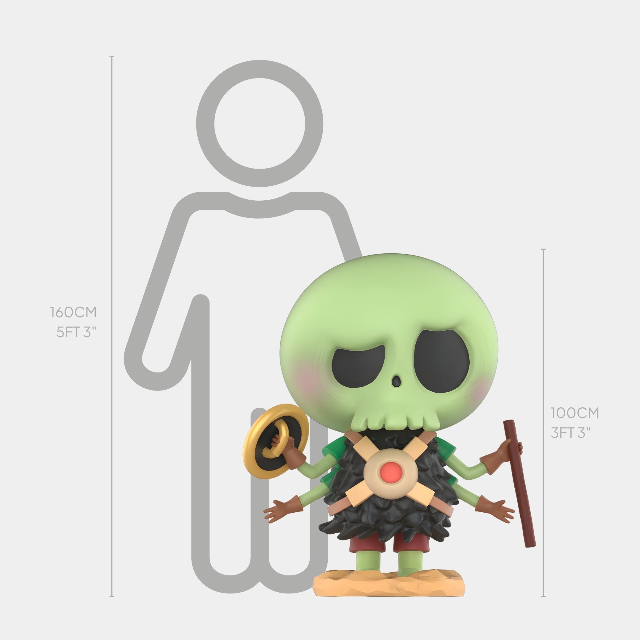 The Giant Sculptures Space Tycoco Alien Labubu Sculpture (100cm) is a green, skeleton-themed fibreglass art toy holding a staff and shield. Shown with a 160cm person outline for scale, it stands about 3 ft 3 in tall.