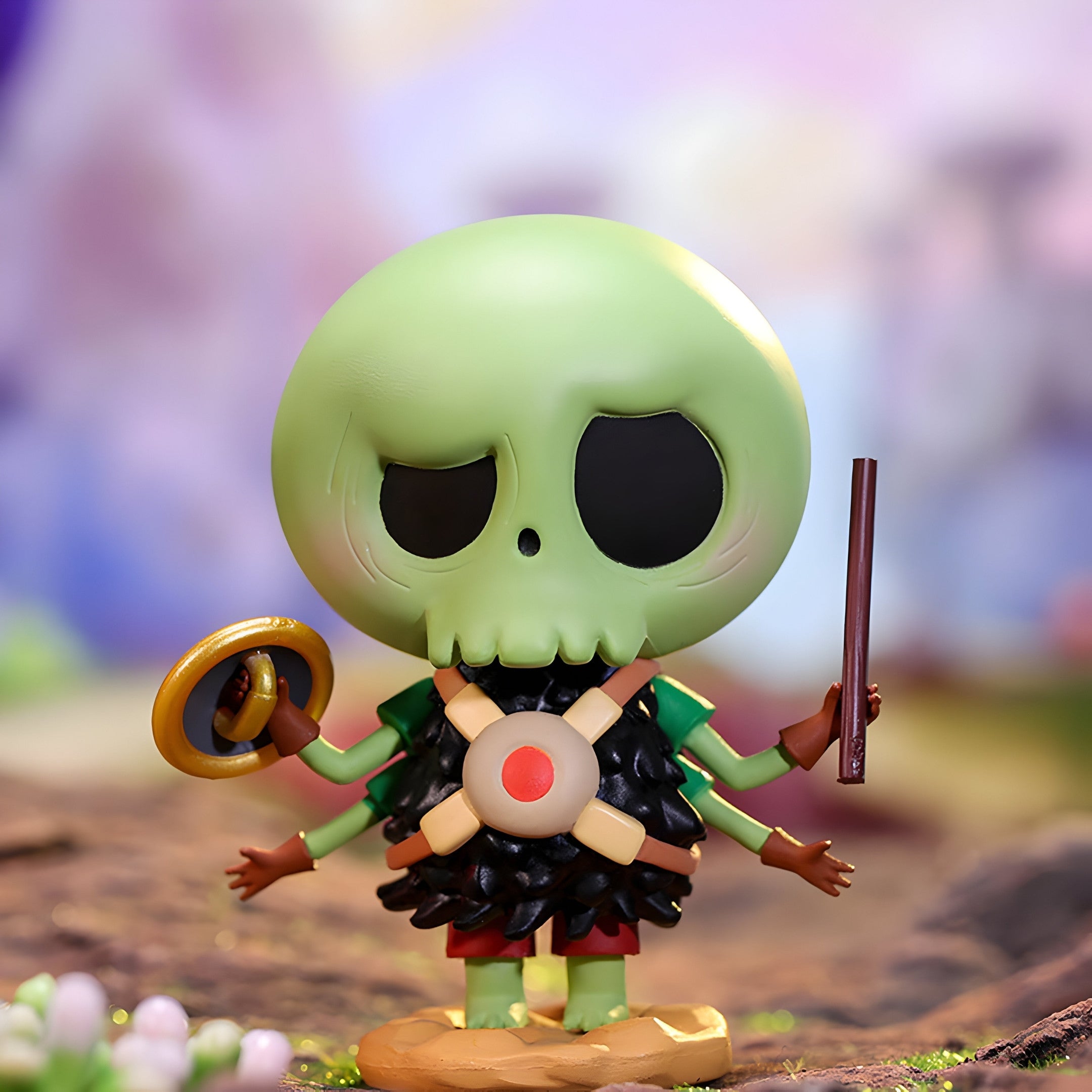 The Space Tycoco Alien Labubu Sculpture by Giant Sculptures is a 100cm cute cartoon figure with a large green skull head, big black eye sockets, and tiny body, holding a ring and stick on a textured surface with a cosmic background.