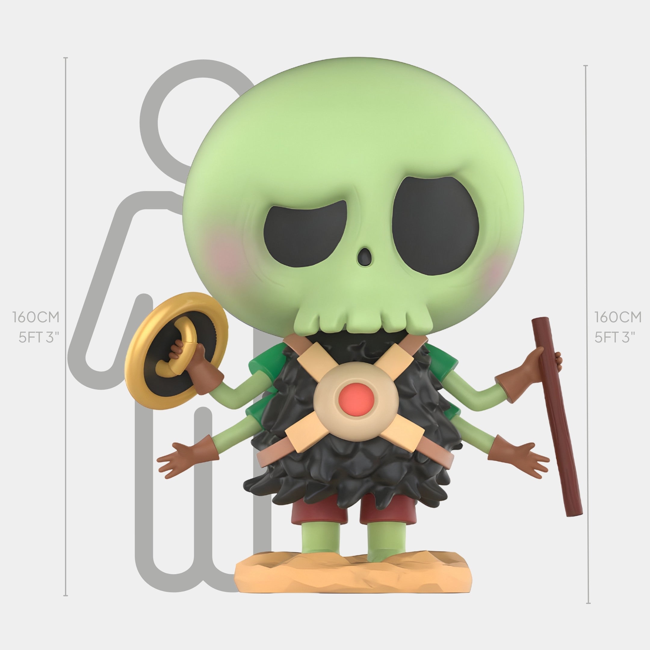The Giant Sculptures Space Tycoco Alien Labubu Sculpture is a 160cm tall cartoonish green skeleton figure with a round shield, staff, black outfit, and tan straps, shown next to a height chart for scale.
