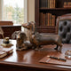 Traditional Dachshund Pair Bronze Sculpture by Giant Sculptures displayed on a polished wooden desk in a library setting with leather chair and bookshelves.