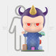 The Monsterverse Unicorn Labubu Sculpture - 160cm by Giant Sculptures is a fibreglass piece with purple horns, a gold unicorn horn, red eyes, and stands amid toy cars and colorful mini buildings for a playful, whimsical scene.