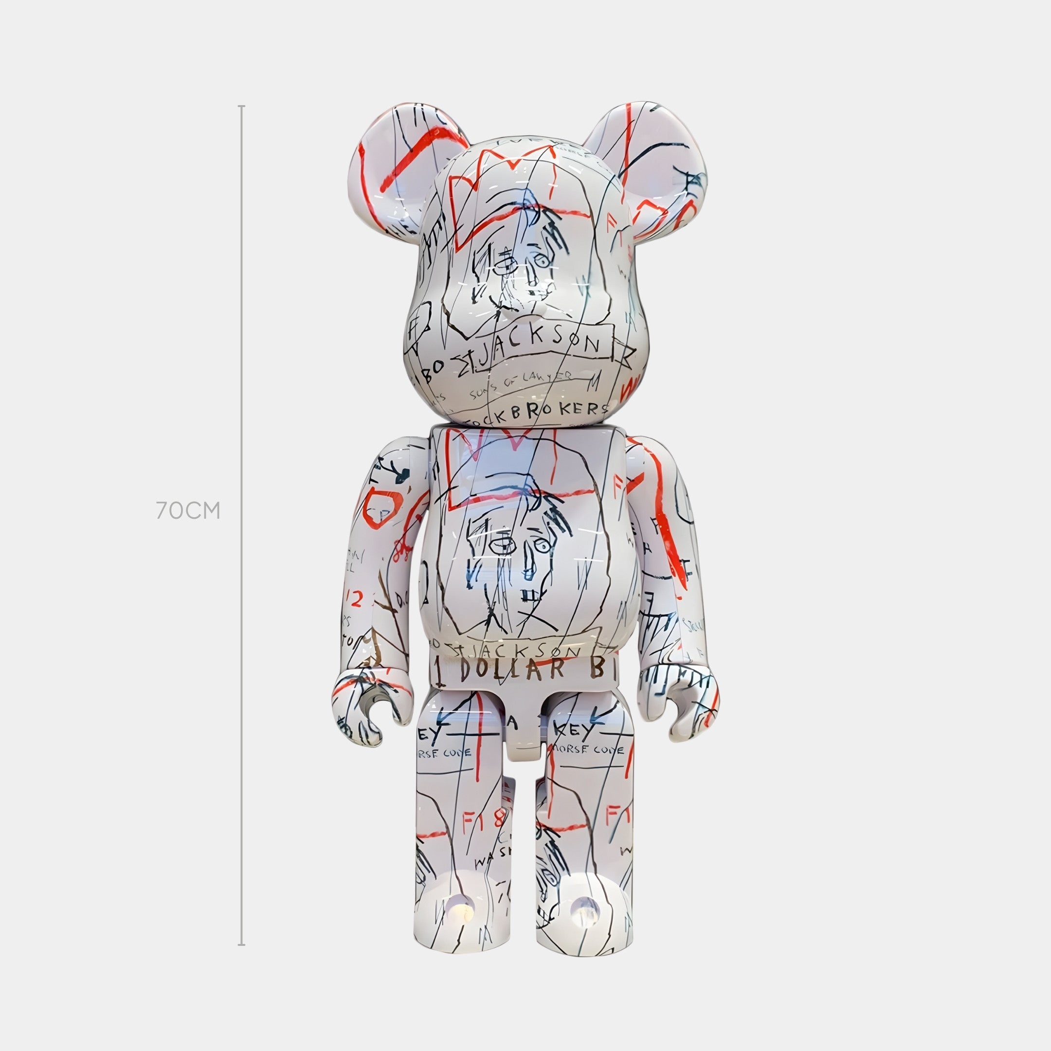 The Giant Sculptures Urban Script Bear Sculpture - 70cm features a white body adorned with abstract sketches, scribbles, and red and blue lines in Basquiat’s street poetry style—a bold collectible for any space.
