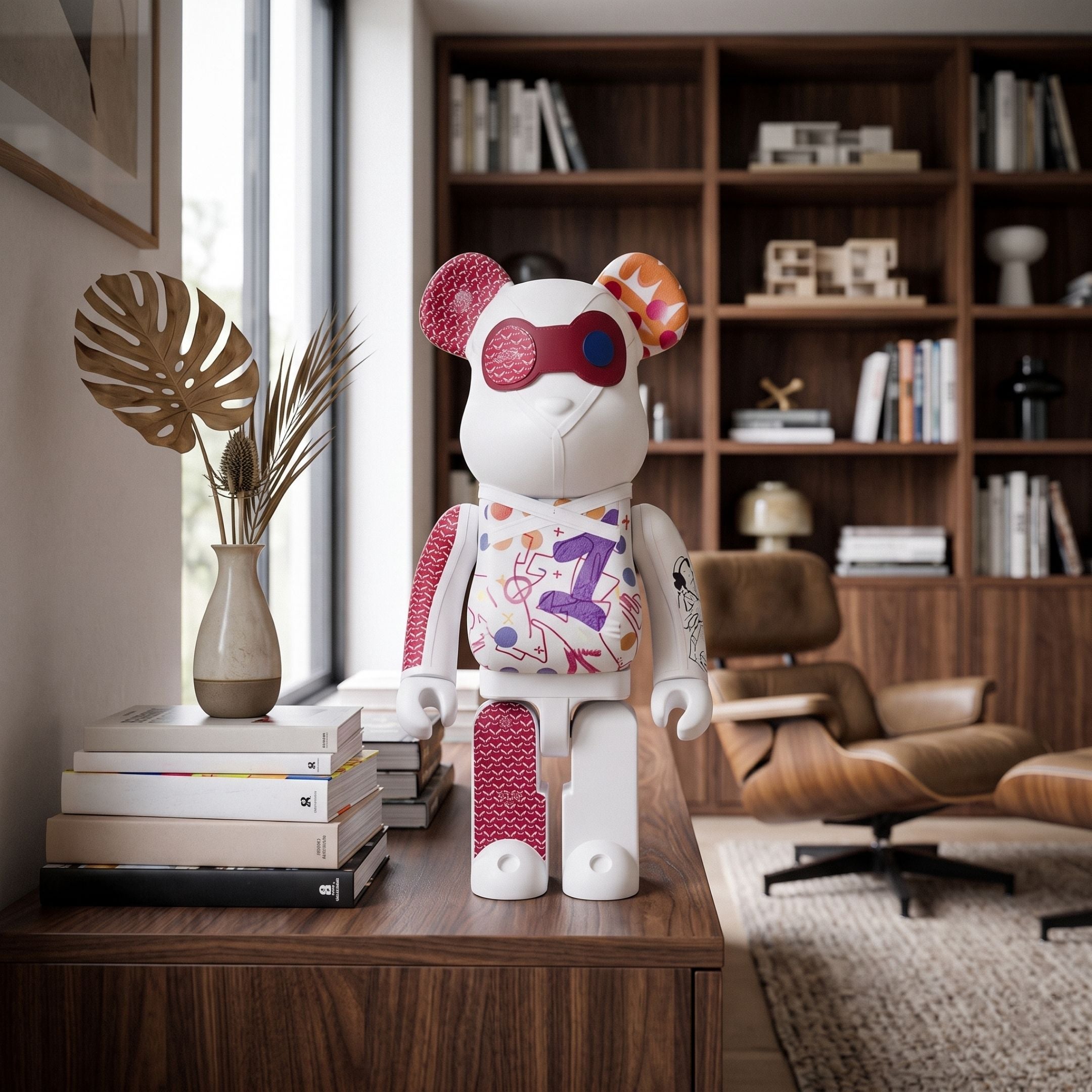 Urban Stitch Bear Sculpture (70cm) in red and white with graphic appliqués and eye patch, displayed on a wood cabinet near a bookshelf and lounge chair.