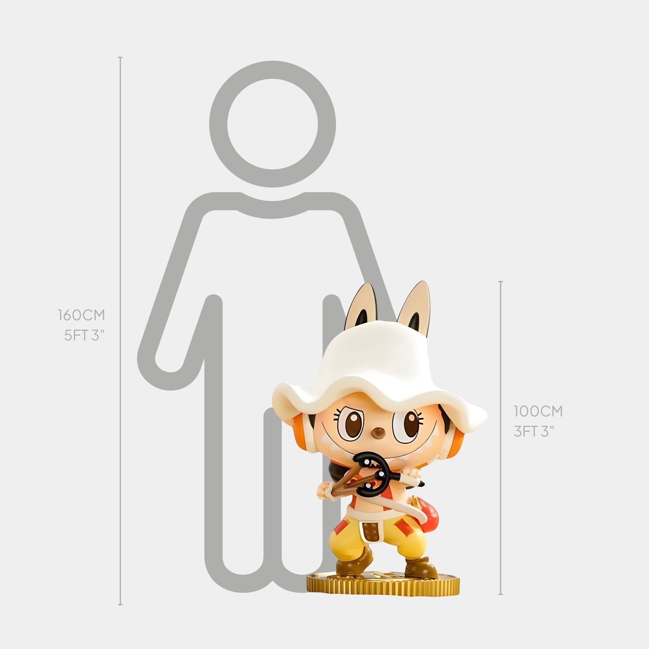 The Giant Sculptures Grand Line Usopp Labubu Sculpture stands 100cm tall, featuring bunny ears, a wide hat, and orange headphones holding a mushroom. A height chart shows its 100cm size next to an average human at 160cm—ideal for any anime display.