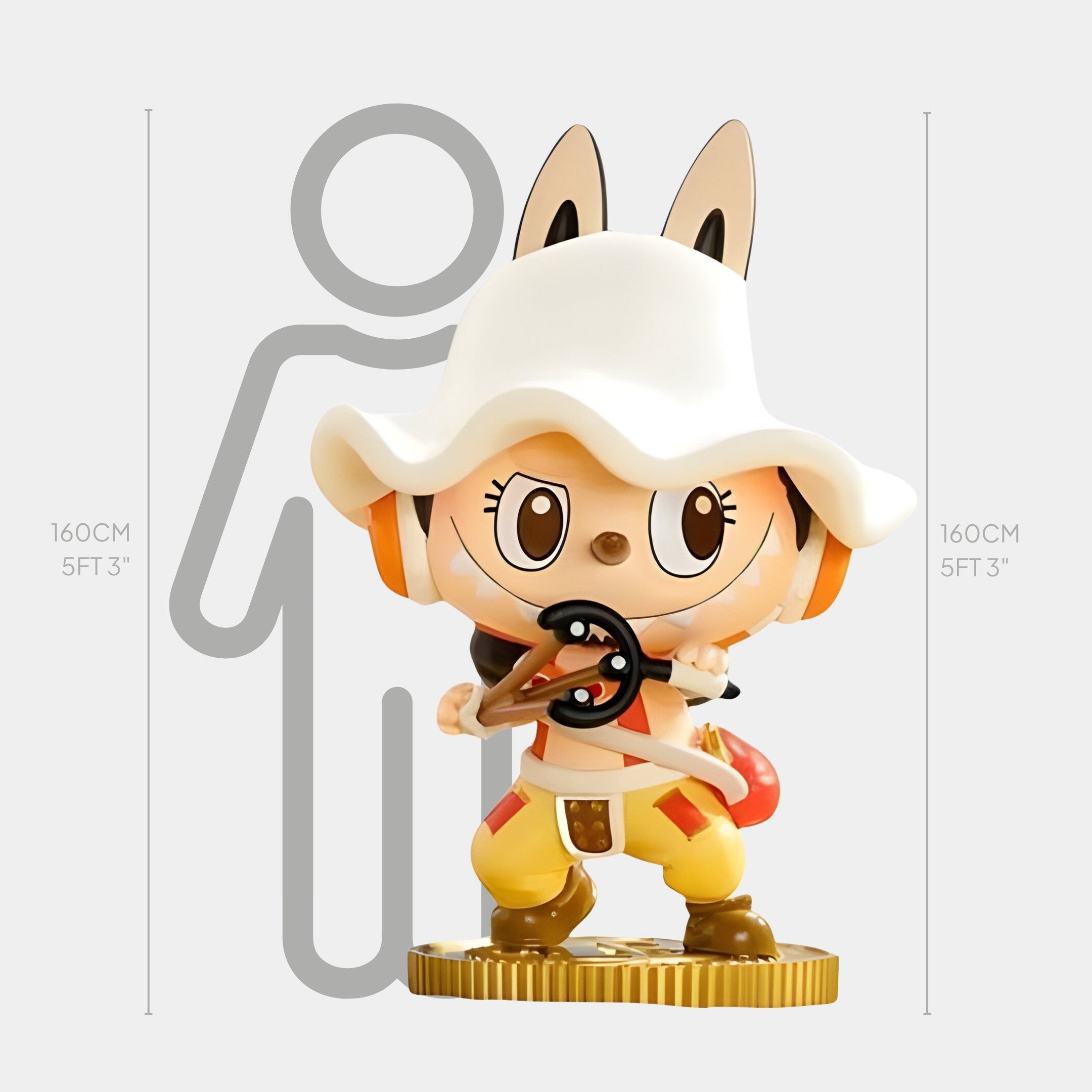 The Grand Line Usopp Labubu Sculpture - 160cm by Giant Sculptures features a chibi Usopp with animal ears, a white hat, and yellow pants holding a steering wheel, shown beside a 160cm outline for size comparison. Collector-grade quality.