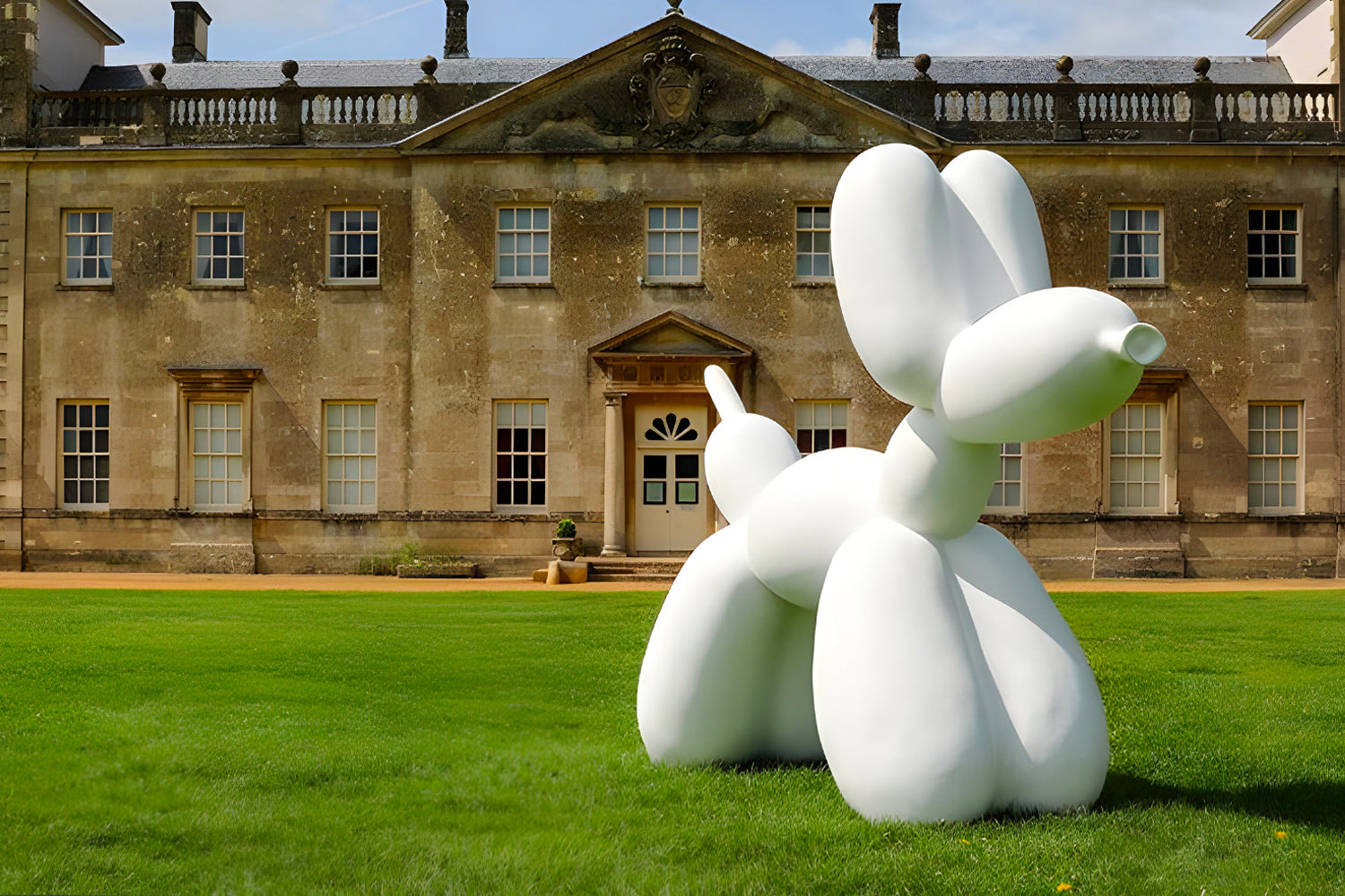 A large white, smooth dog sculpture set against the backdrop of an elegant historical mansion with lush green grass surrounding it.