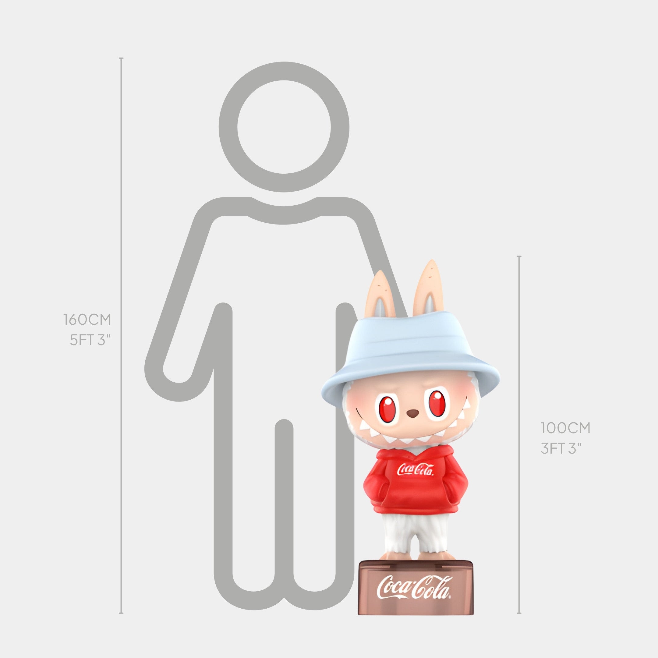 The Vacation Fit Coca-Cola Labubu Sculpture - 100cm by Giant Sculptures wears a blue hat and red hoodie, standing on a Coca-Cola box next to a human outline for height comparison between 100 cm and 160 cm.