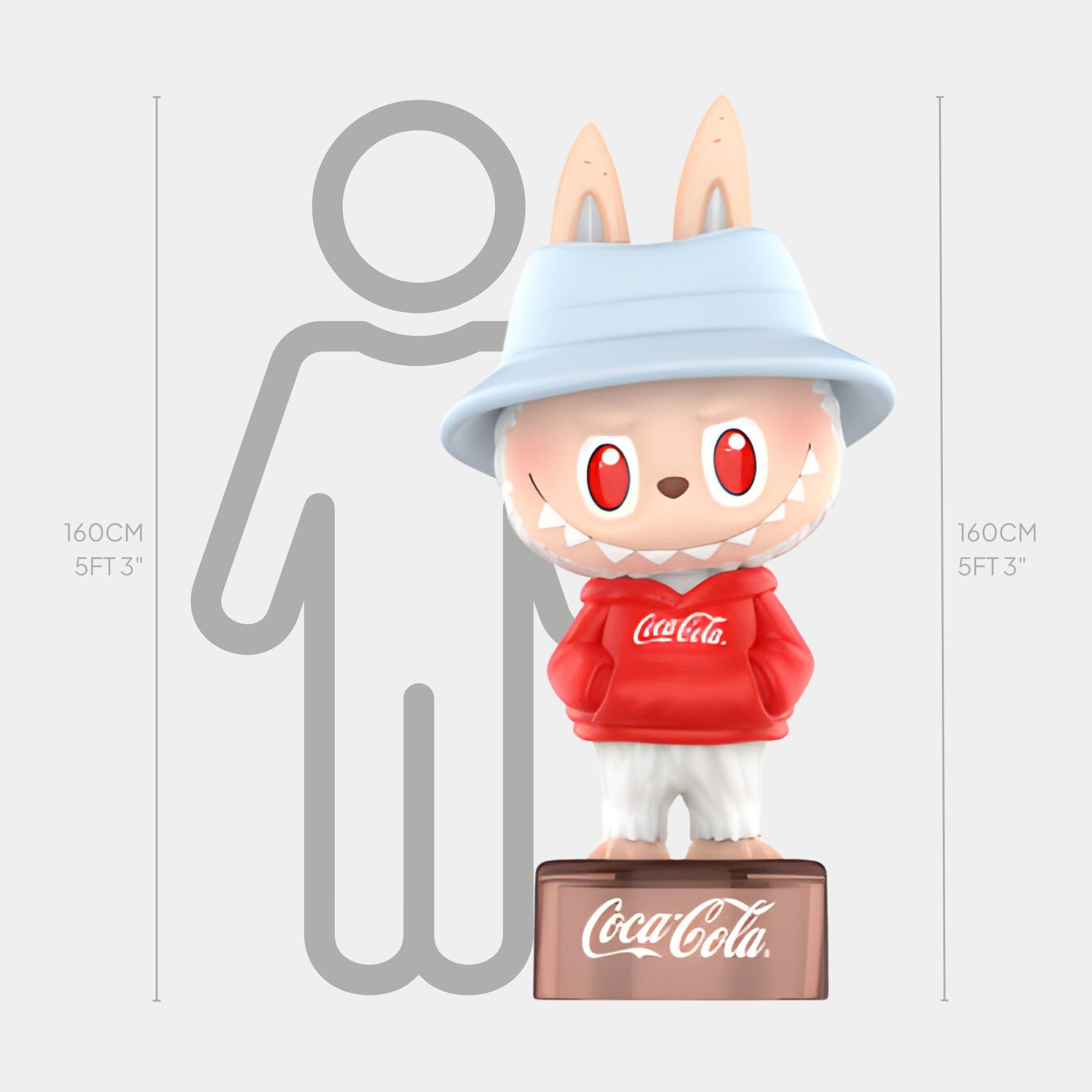 The Giant Sculptures Vacation Fit Coca-Cola Labubu Sculpture (160cm) features a cartoon Labubu in a blue hat and red Coca-Cola hoodie, standing on a branded platform—perfect for indoor displays and matching the height of a 160cm silhouette.